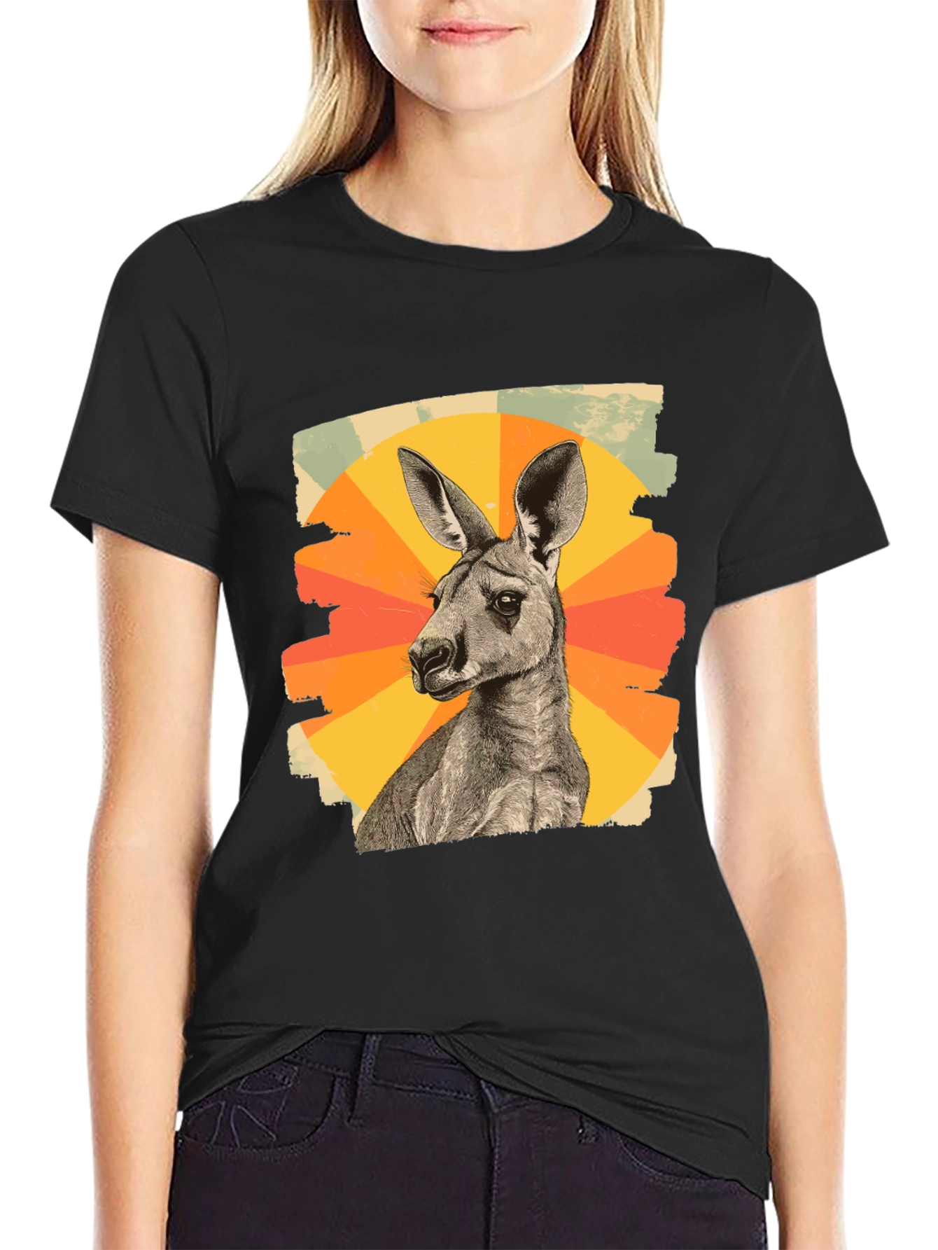 Black Retro Kangaroo Graphic Tee - Black Cotton Blend view 2