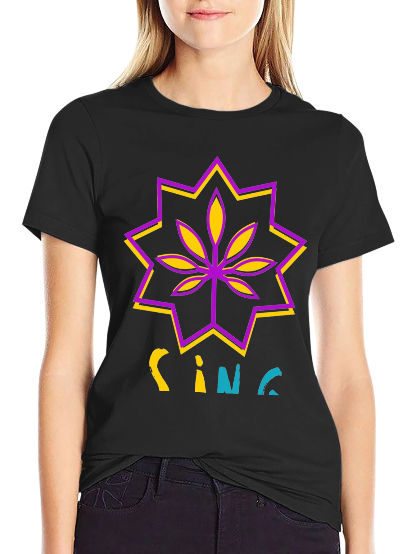 Black Stylish Black T-Shirt with Cannabis-Inspired Graphic Print view 2