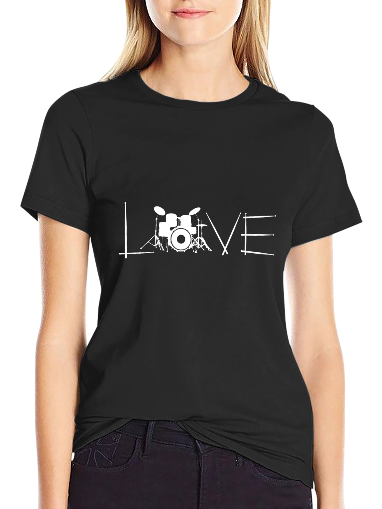 Black Love Drums Black T-Shirt - Music Lover Tee view 2