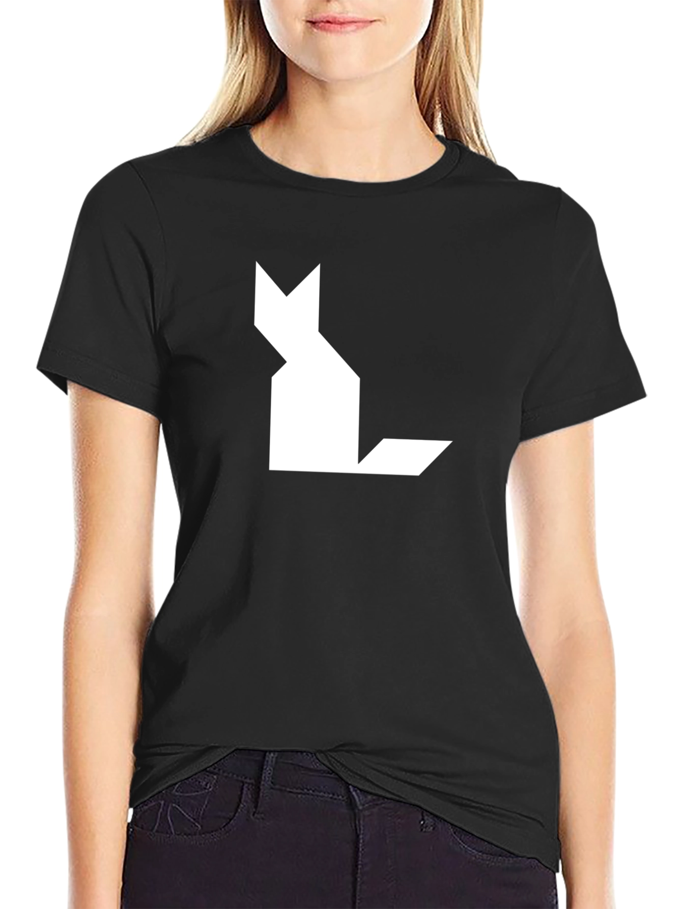 Black Geometric Cat Graphic Tee - Modern Black T-Shirt view 2