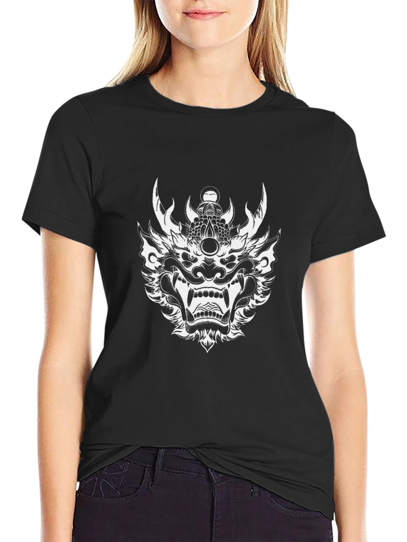 Black Black T-Shirt with Oni Mask Graphic view 2