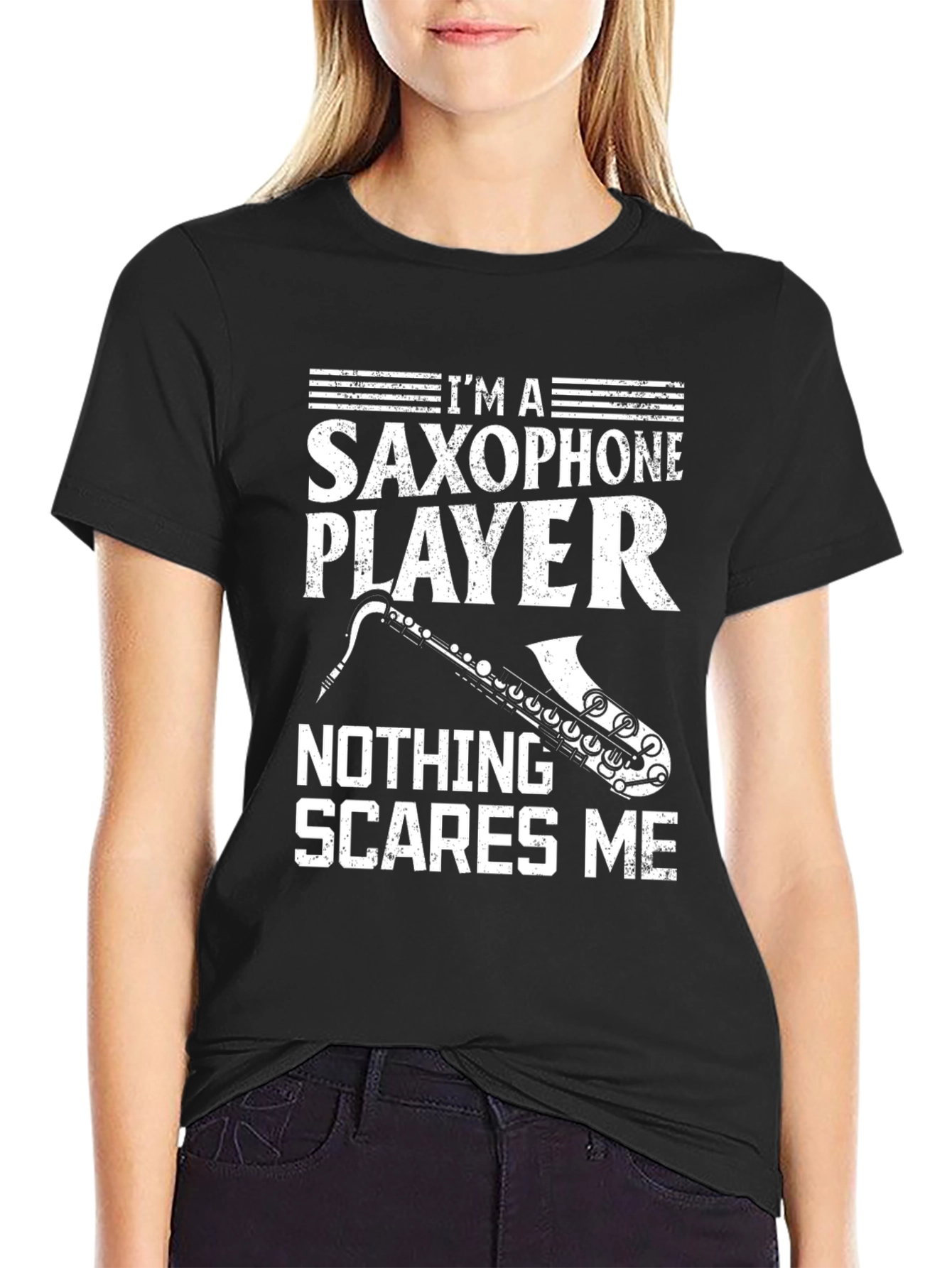 Black Saxophone Player T-Shirt - Nothing Scares Me Funny Tee view 2