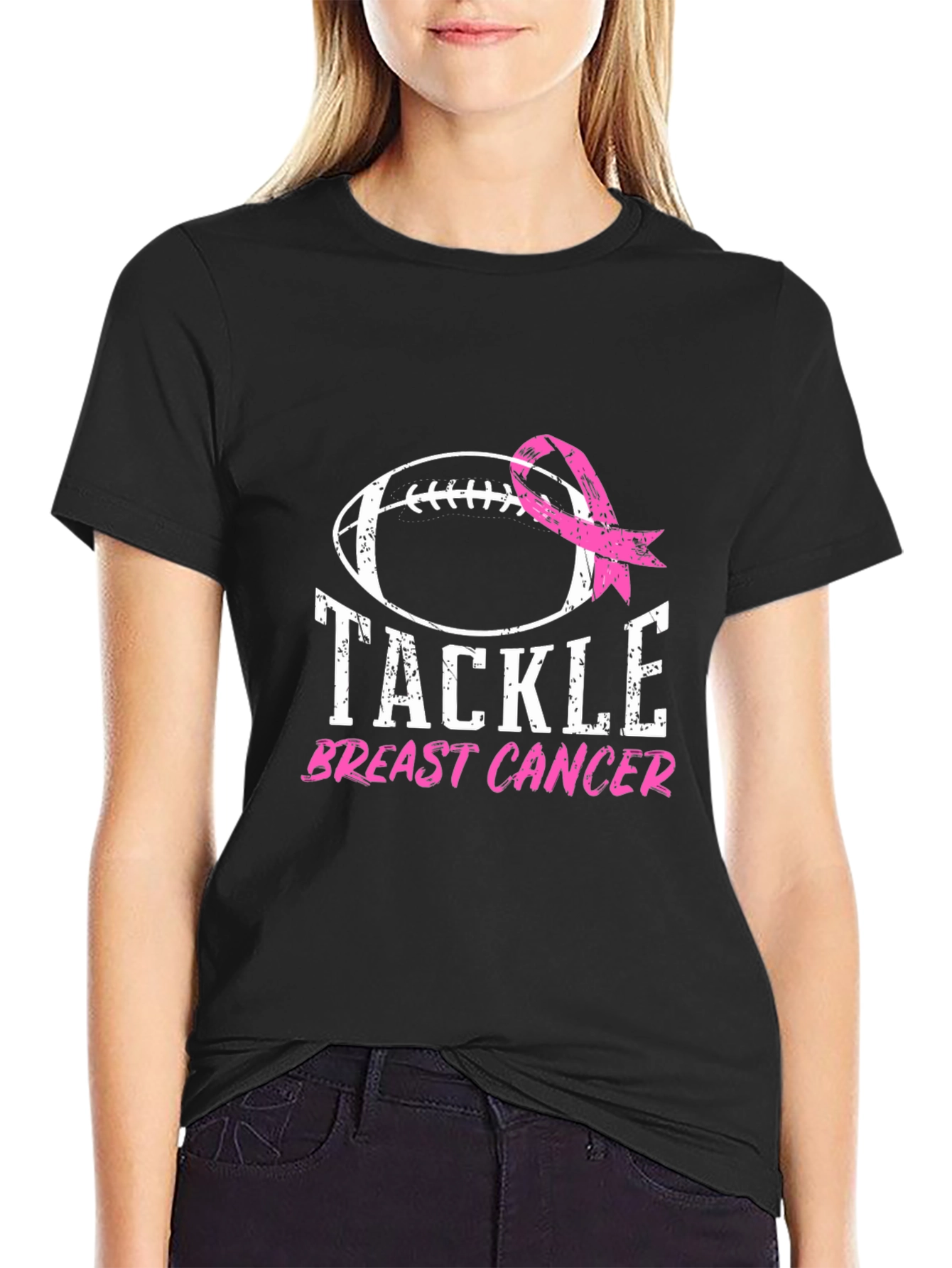 Black Tackle Breast Cancer Football Ribbon Awareness T-Shirt view 2