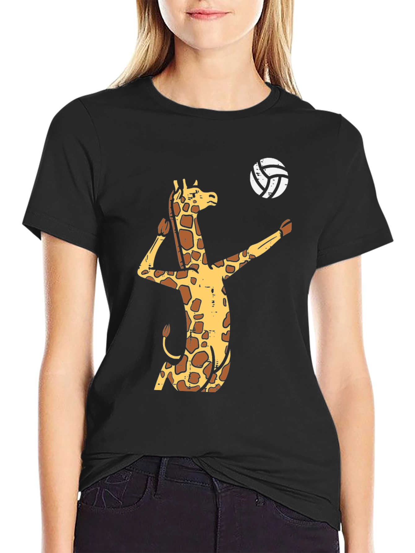 Black Giraffe Volleyball Graphic T-Shirt - Funny Animal Tee view 2