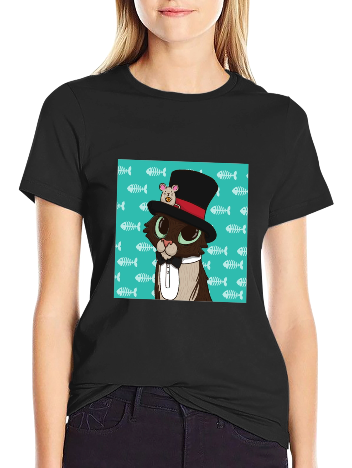 Black Cat in Hat T-Shirt view 2
