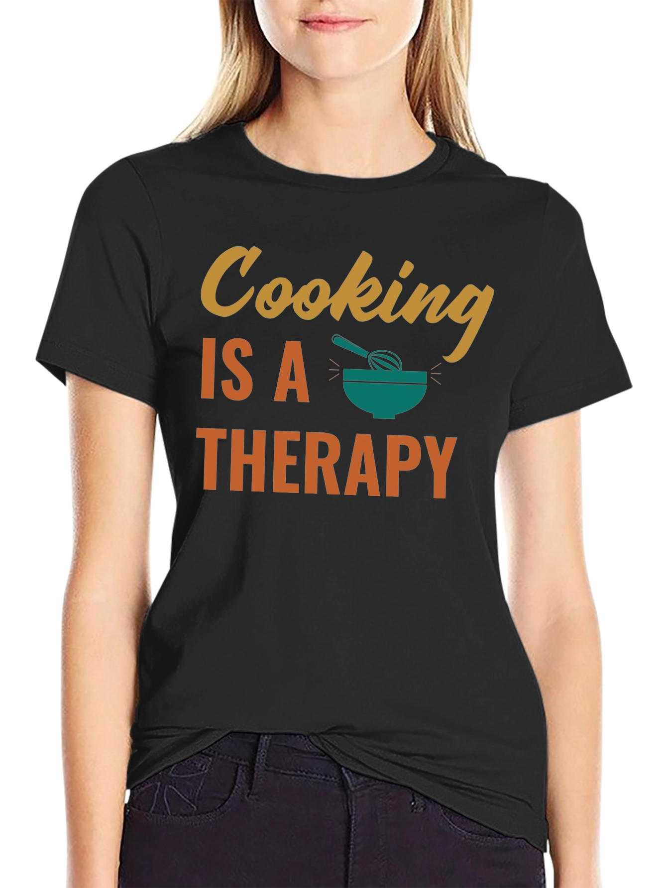 Black Cooking is Therapy T-Shirt - Black Cotton Tee view 2