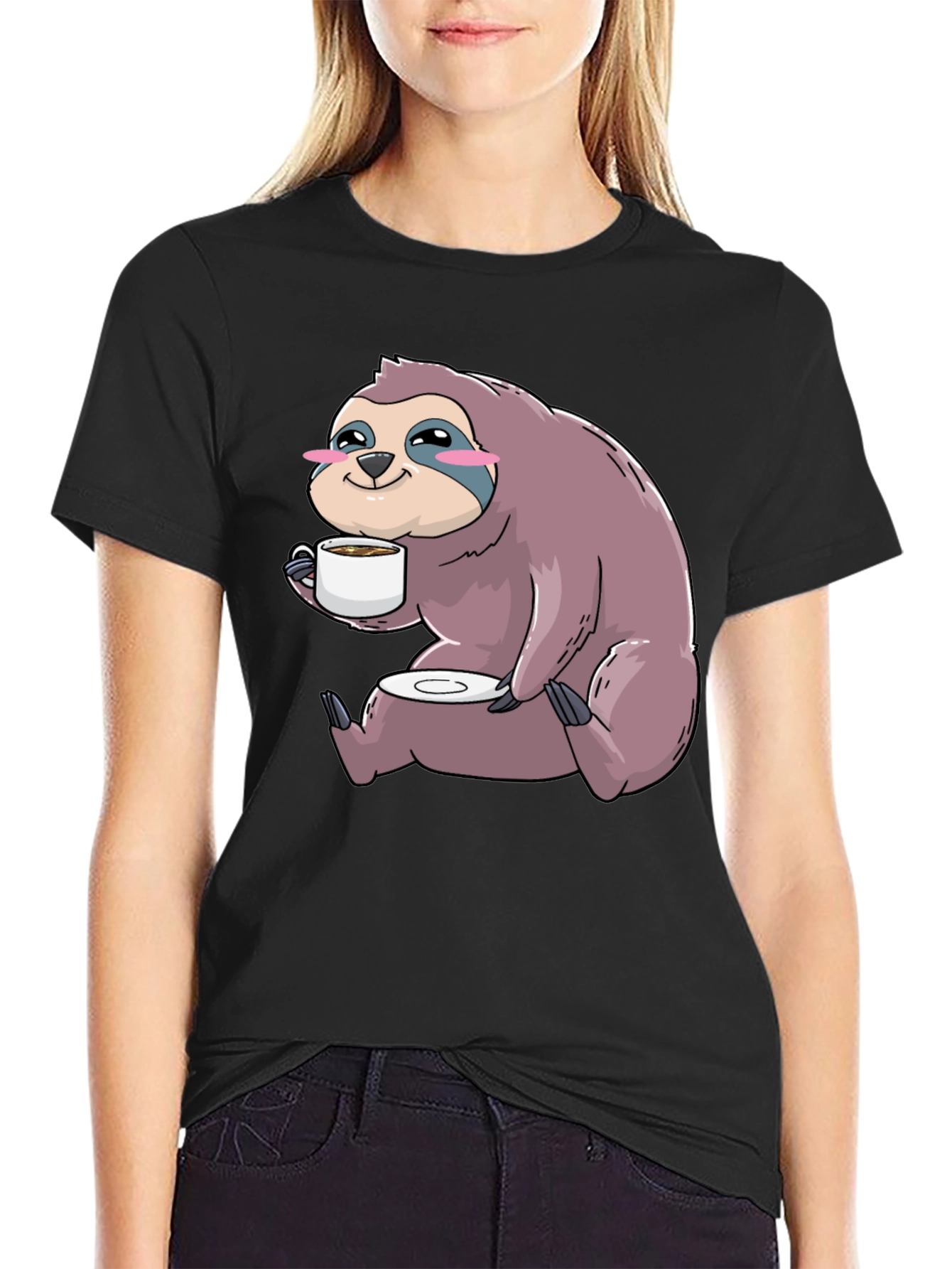 Black Sloth Coffee T-Shirt - Cute Cartoon Sloth Drinking Coffee view 2