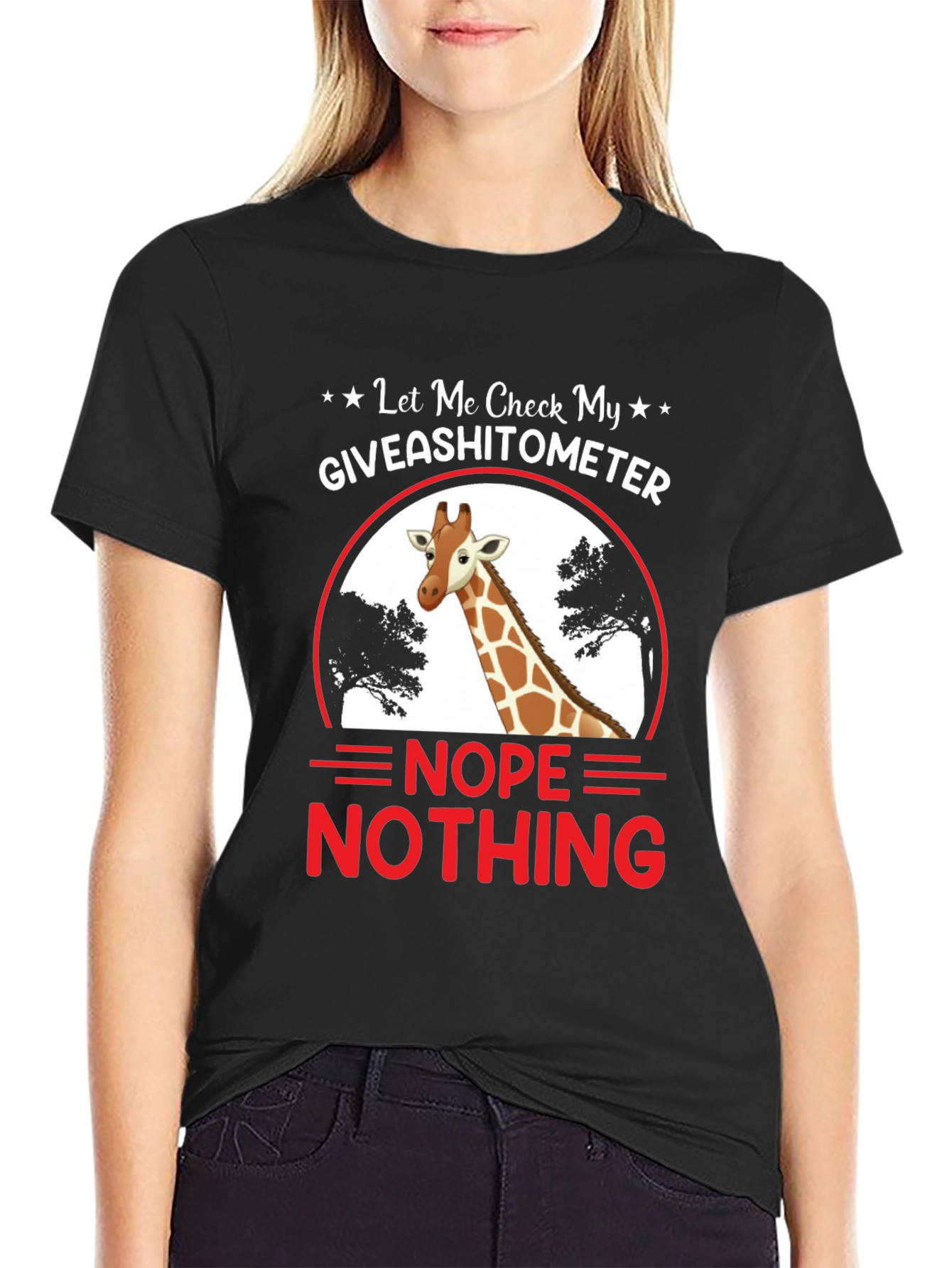Black Funny Giraffe Graphic Tee - "Giveashitometer" view 2
