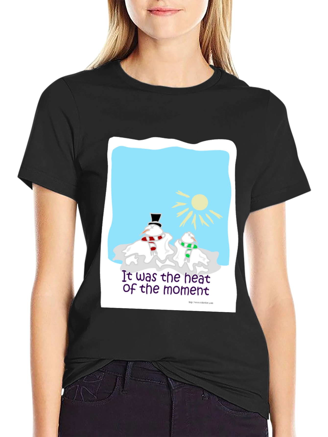 Black Humorous Melting Snowman T-Shirt view 2