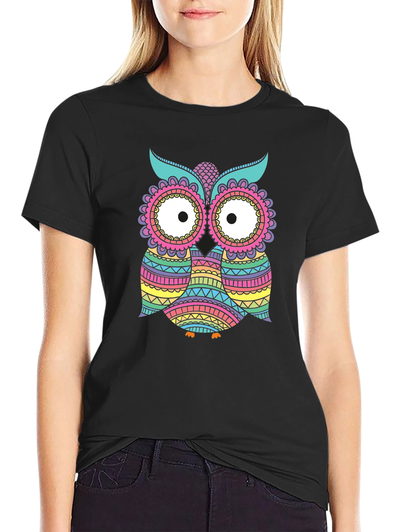 Black Colorful Owl Graphic T-Shirt view 2