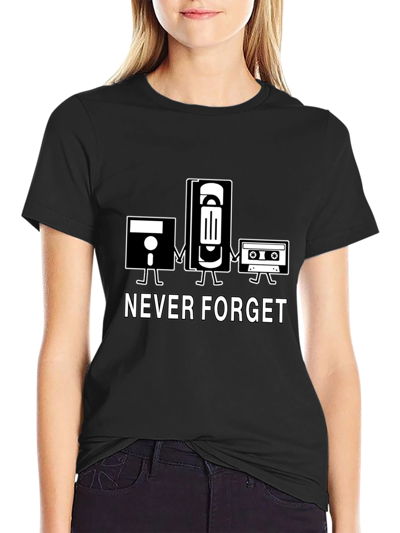 Black Retro Never Forget T-Shirt - Floppy Disk, VHS, Cassette  view 2