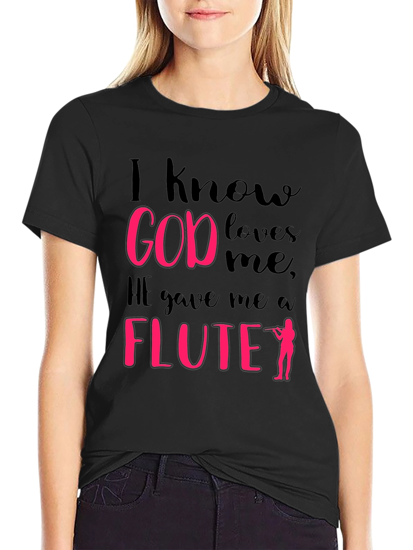 Black I Know God Loves Me Flute Player T-Shirt view 2
