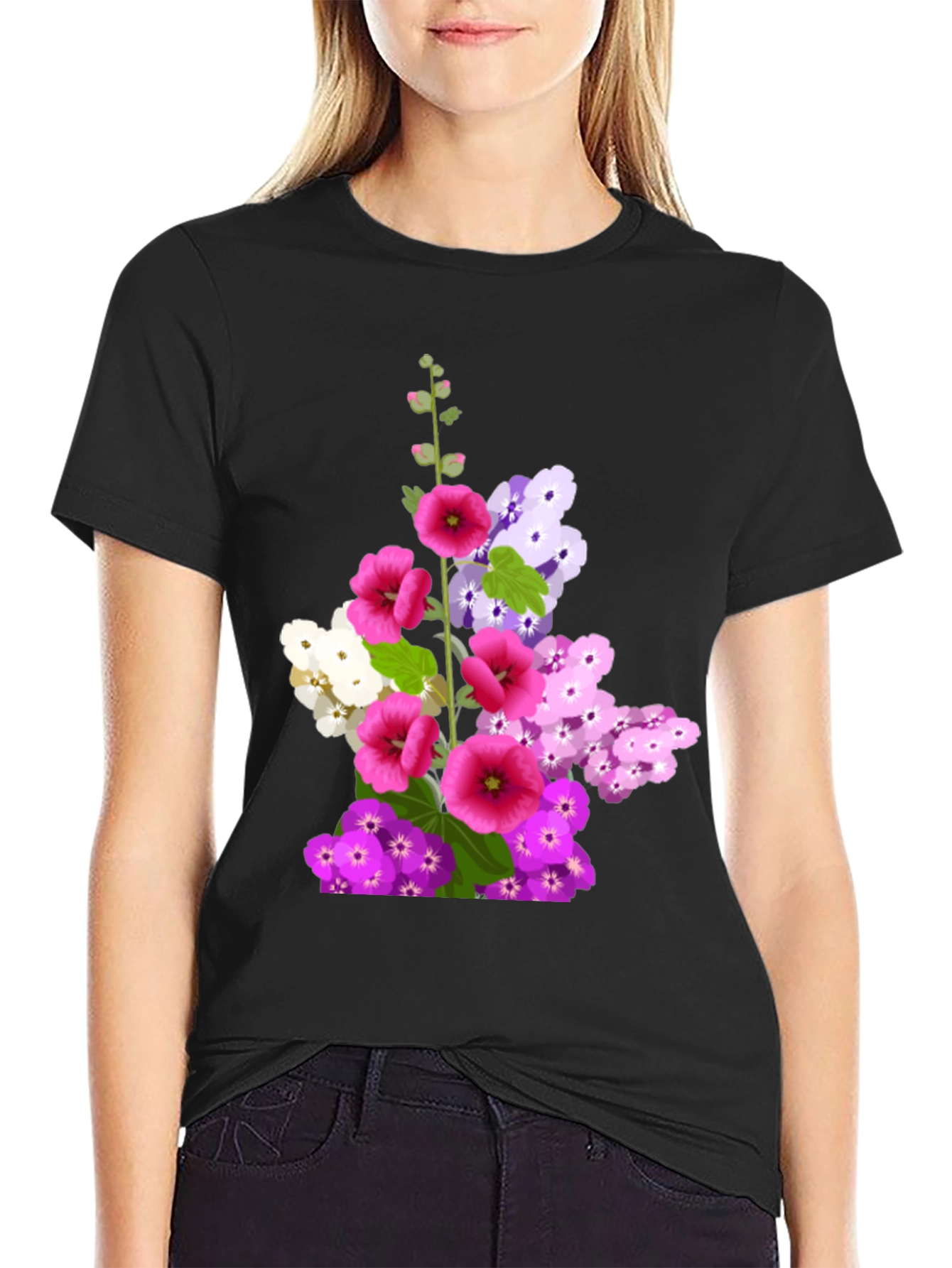 Black Floral Graphic Tee - Black Cotton T-Shirt view 2
