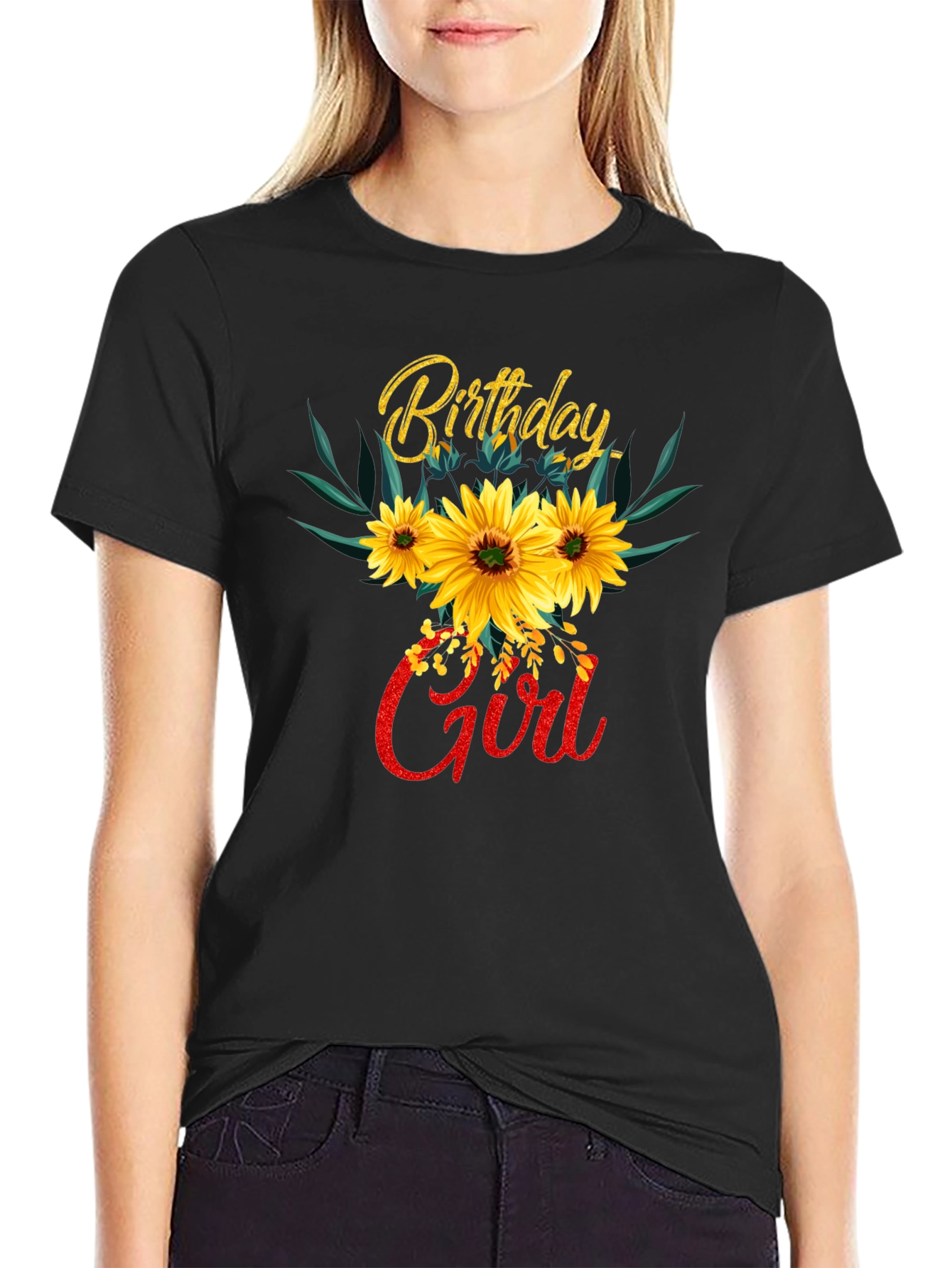 Black Birthday Girl Sunflower T-Shirt view 2