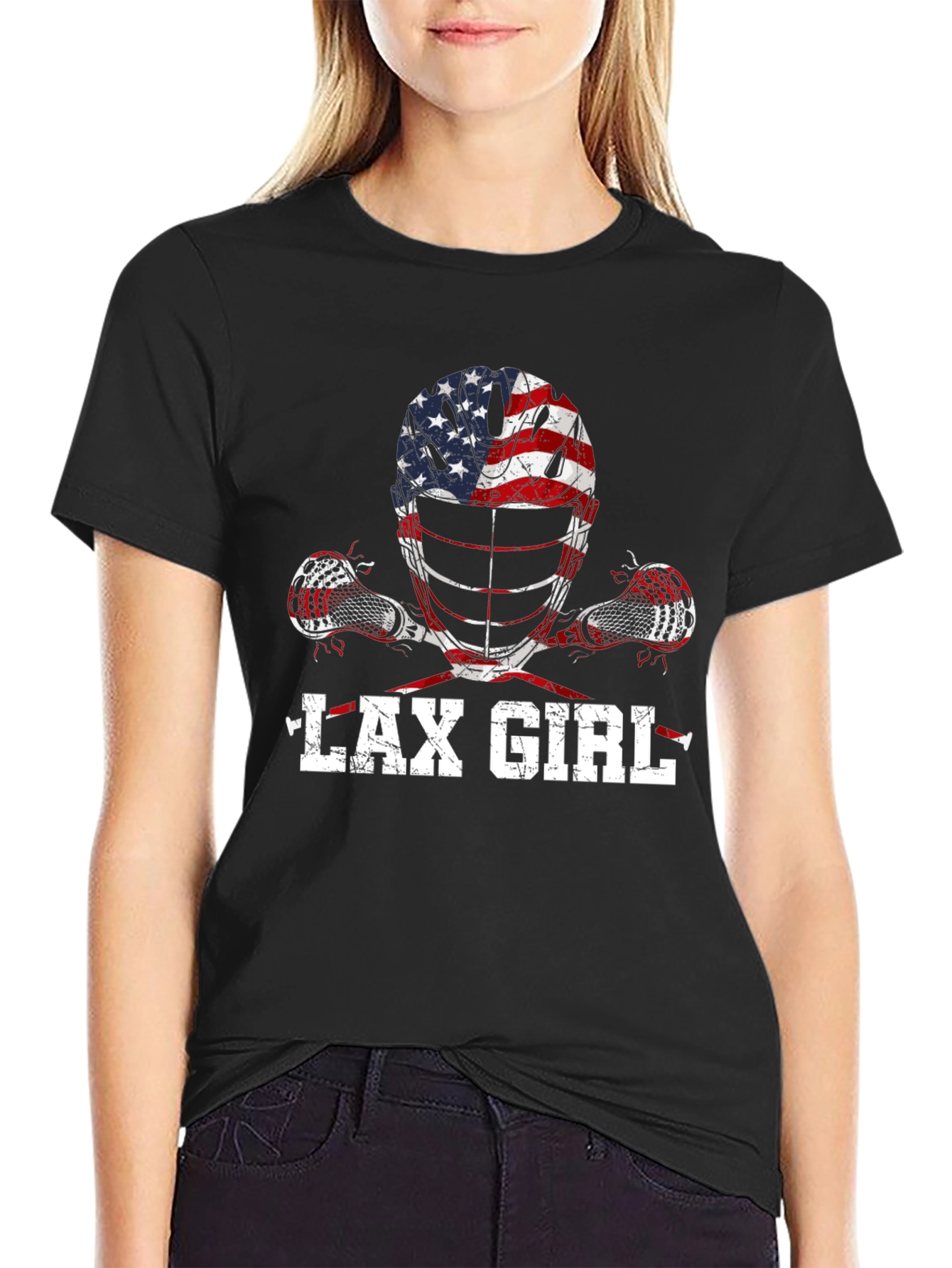 Black Lax Girl American Flag Lacrosse T-Shirt view 2