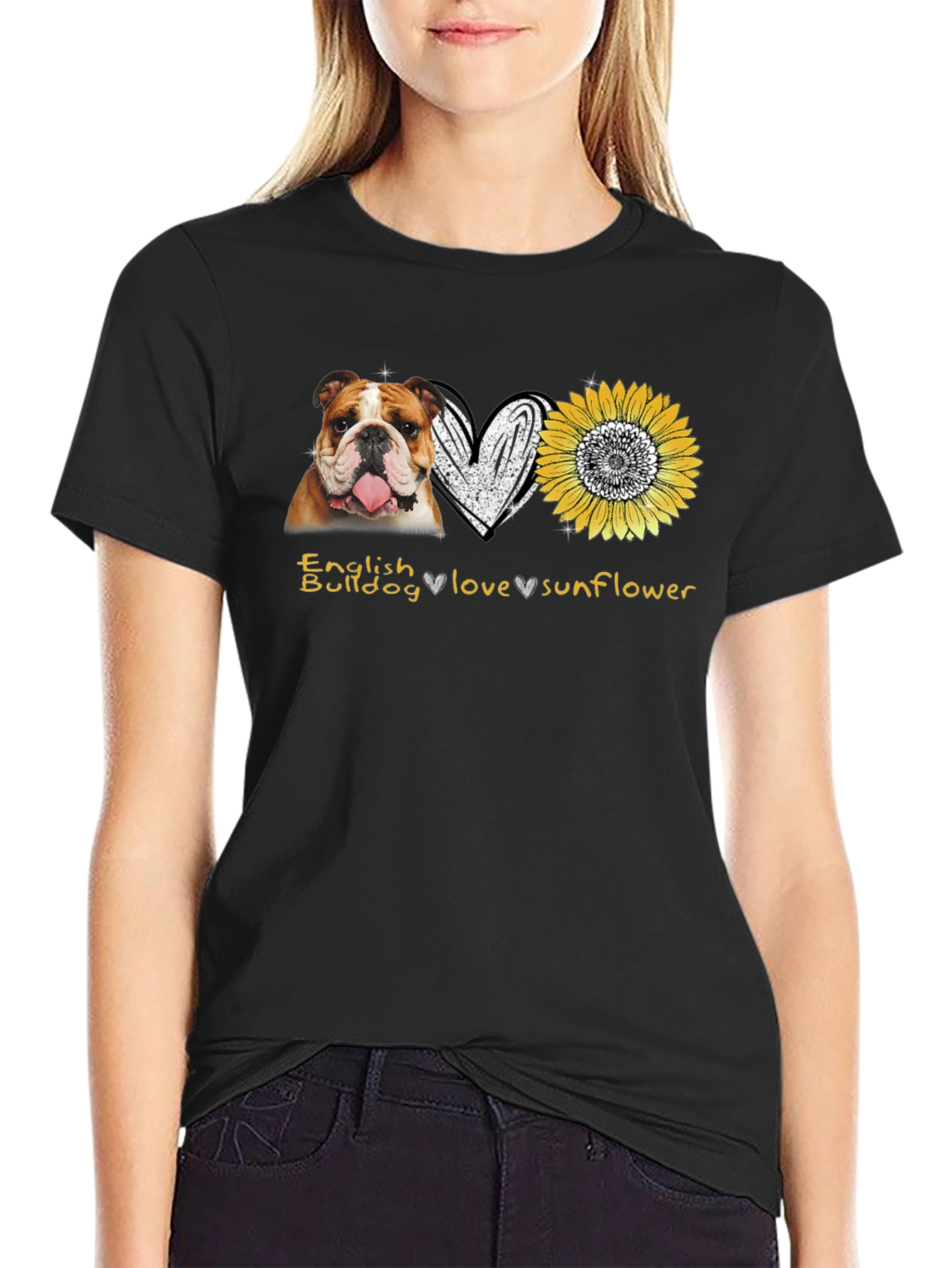 Black English Bulldog Love Sunflower Graphic T-Shirt view 2
