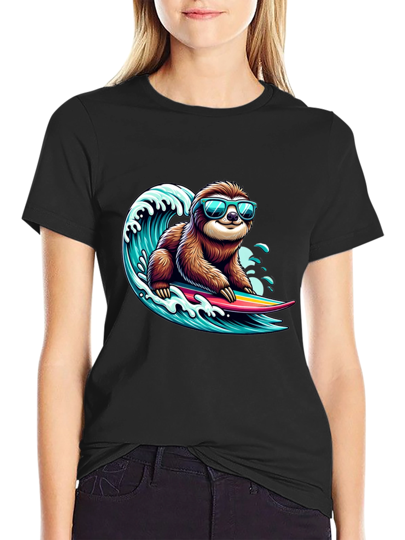 Black Surfing Sloth Graphic Tee - Cool Black T-Shirt view 2