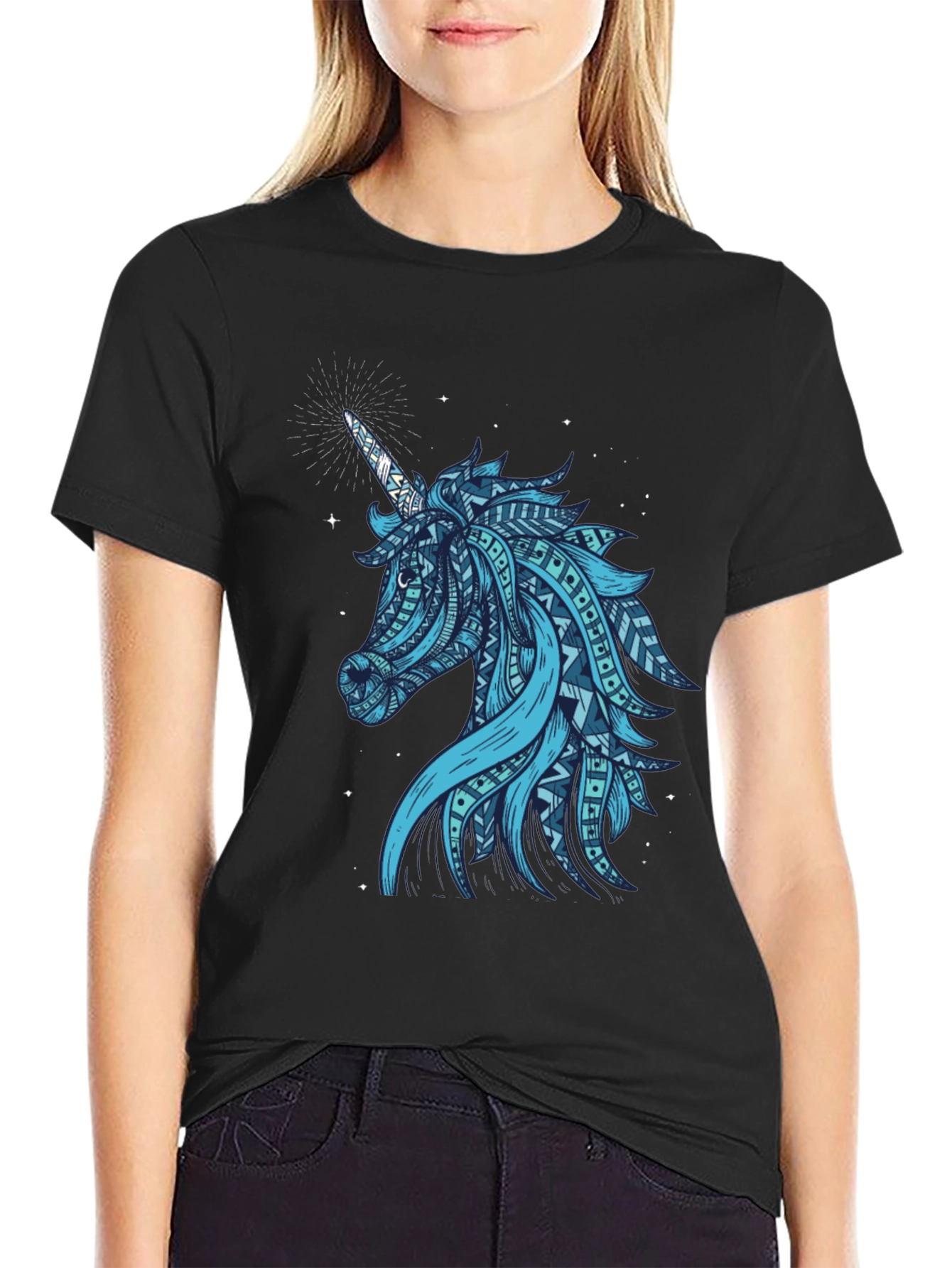 Black Tribal Unicorn Graphic Tee - Men's Black T-Shirt view 2