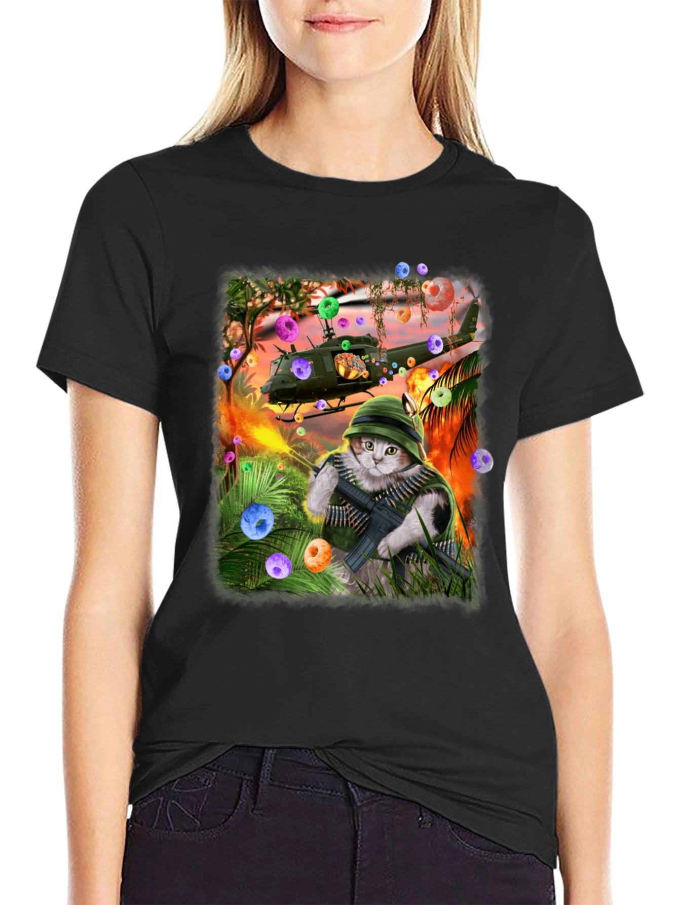 Black Funny Cat Warrior T-Shirt view 2