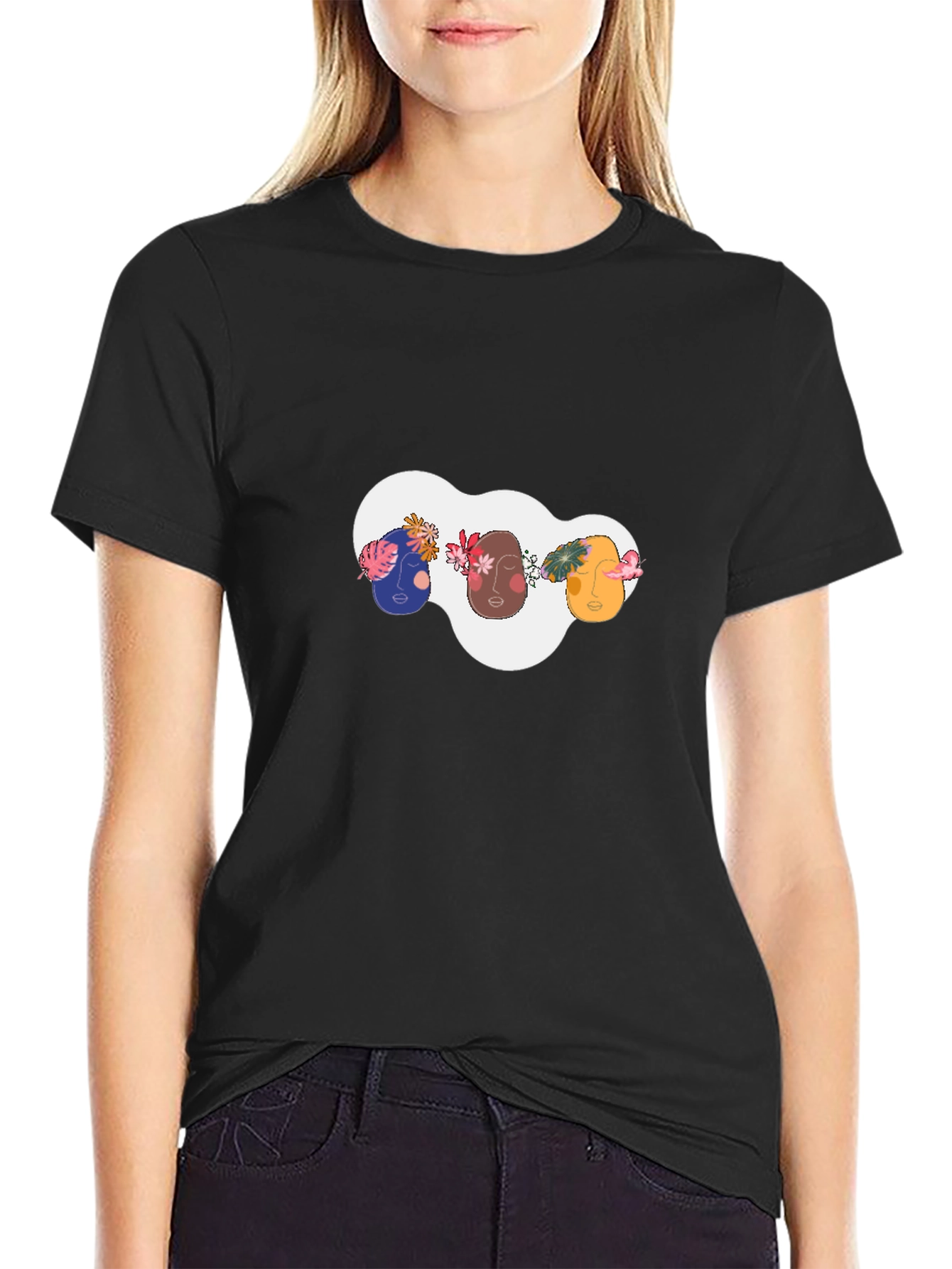 Black Abstract Faces Graphic Tee - Modern Unisex T-Shirt view 2