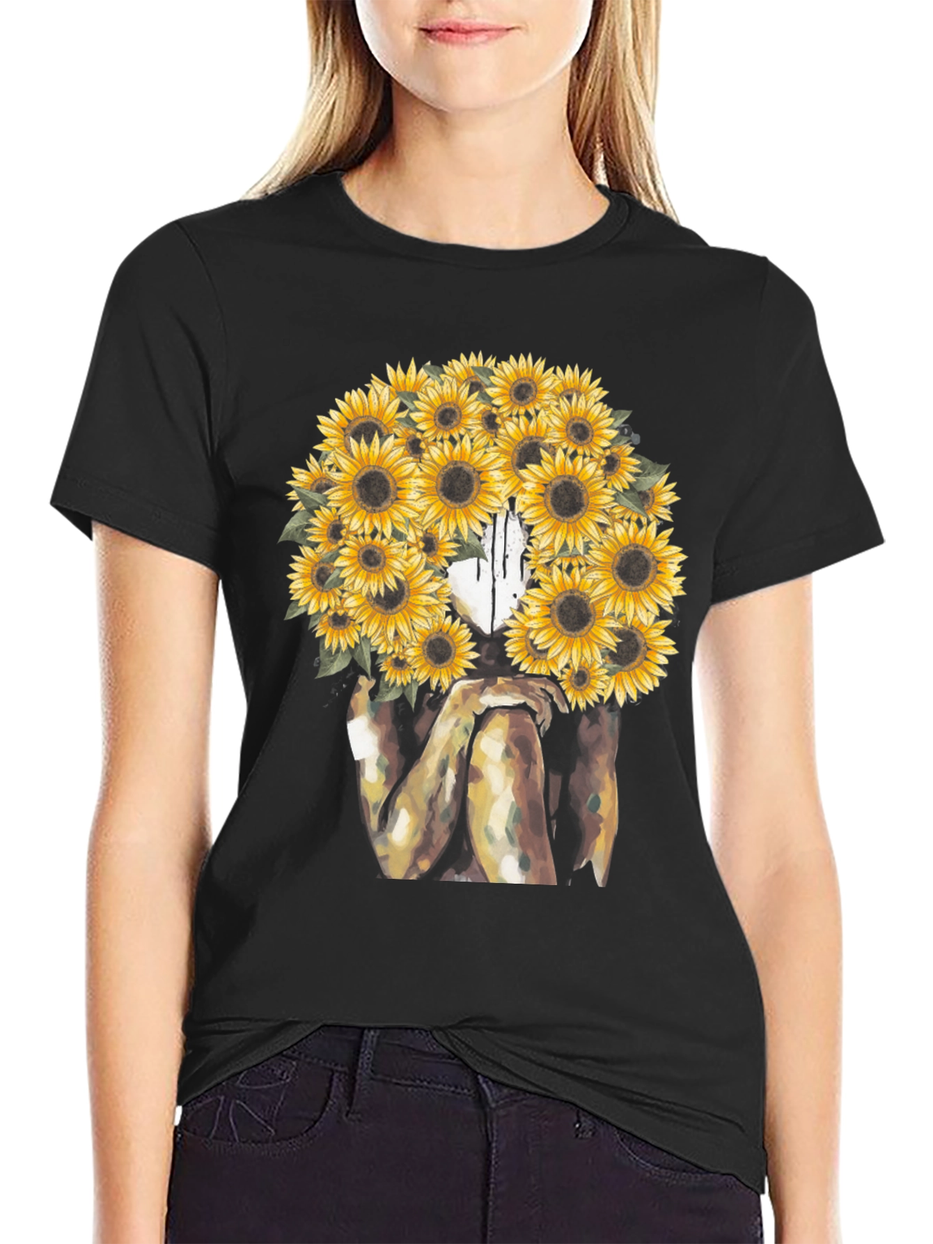 Black Sunflower Woman Graphic T-Shirt - Artistic Black Tee view 2