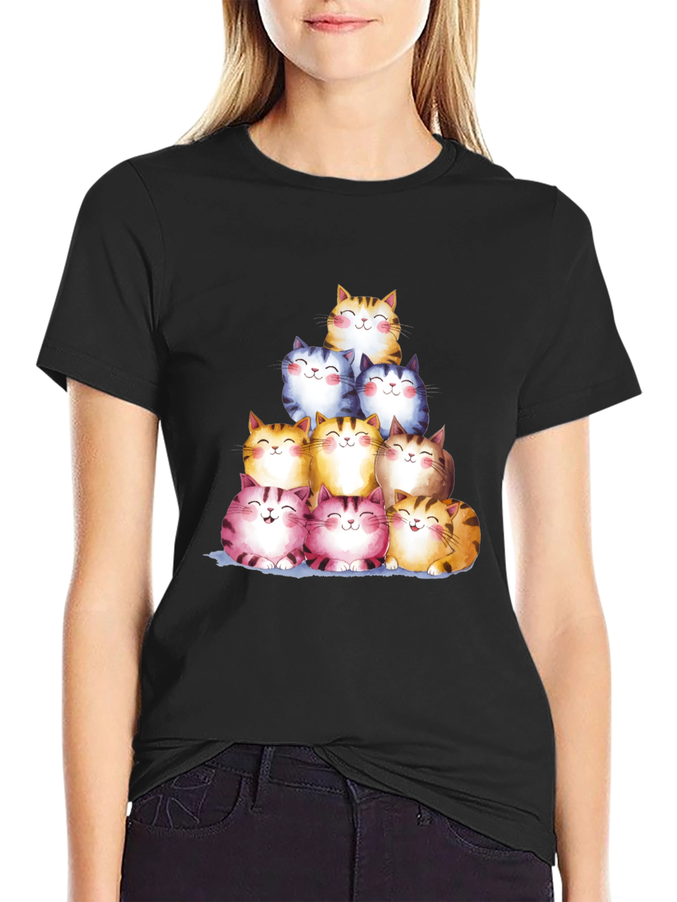 Black Stacked Smiling Cats Graphic Tee - Black view 2