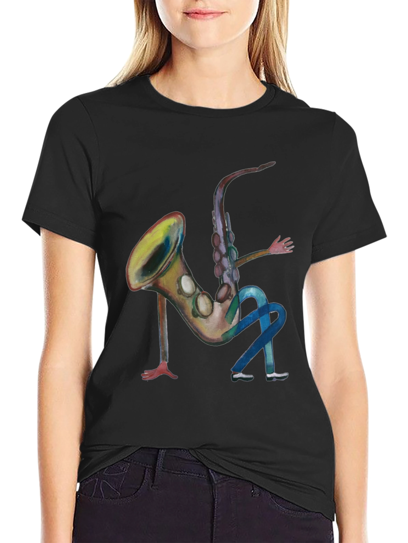 Black Saxophone Man Black T-Shirt - Funny Music Tee view 2