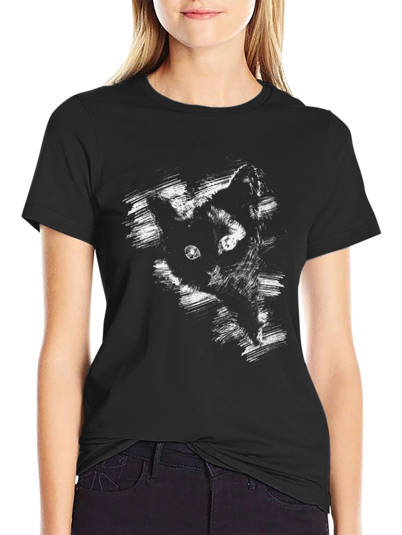Black Brushstroke Cat Graphic Black T-Shirt view 2