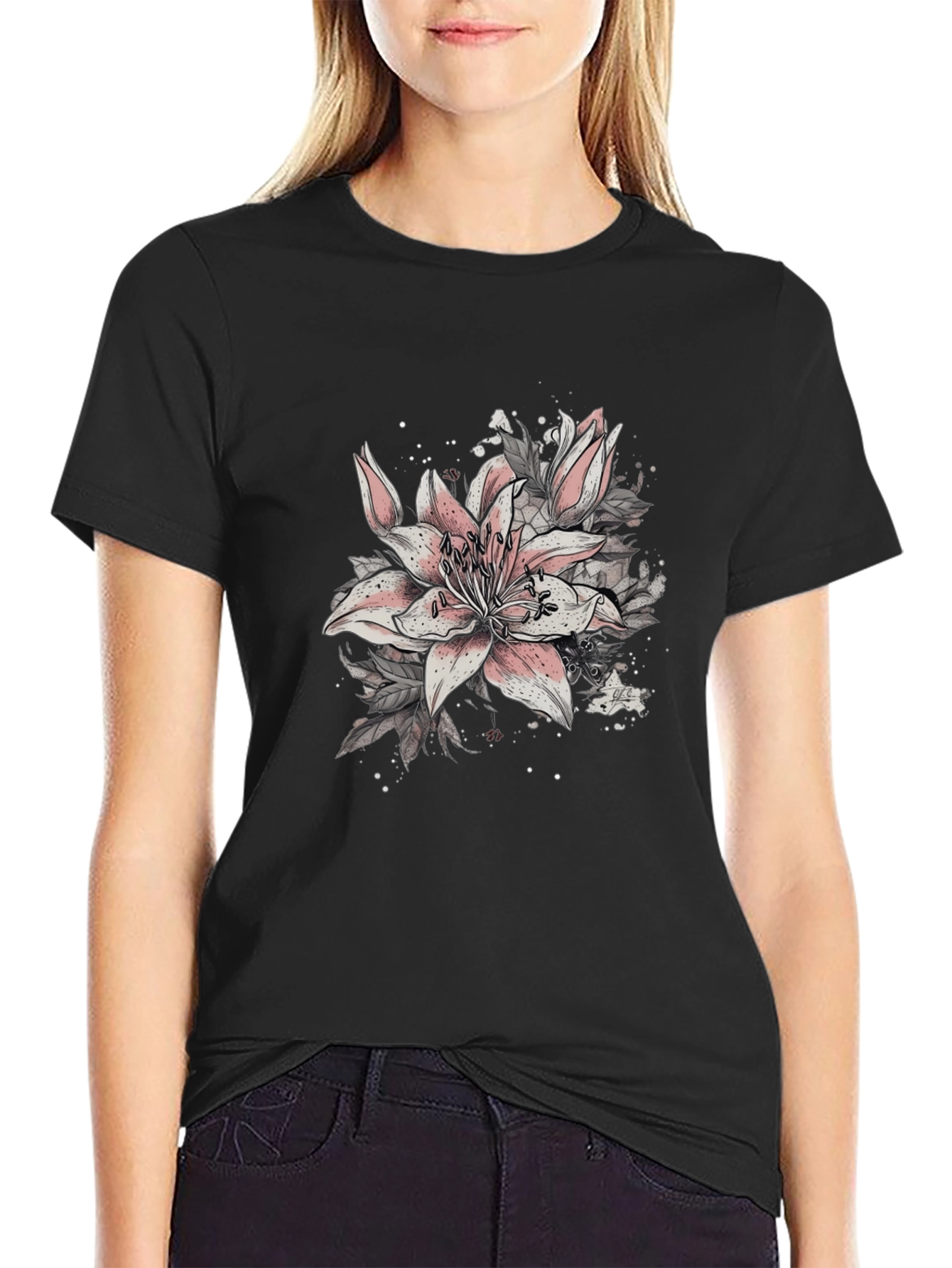 Black Floral Lily Graphic Black T-Shirt view 2