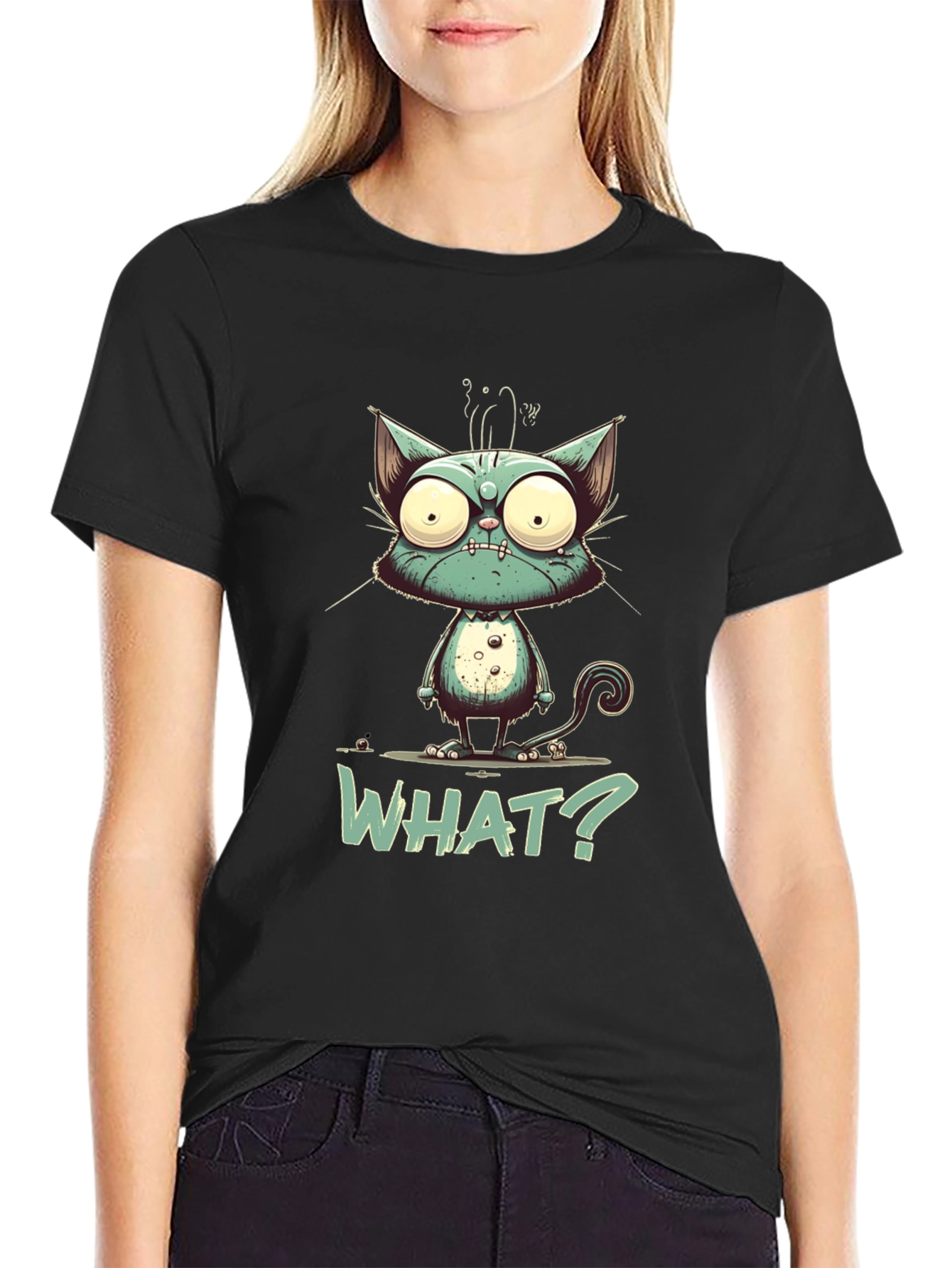 Black Cartoon Cat "WHAT?" Graphic Tee - Unisex view 2