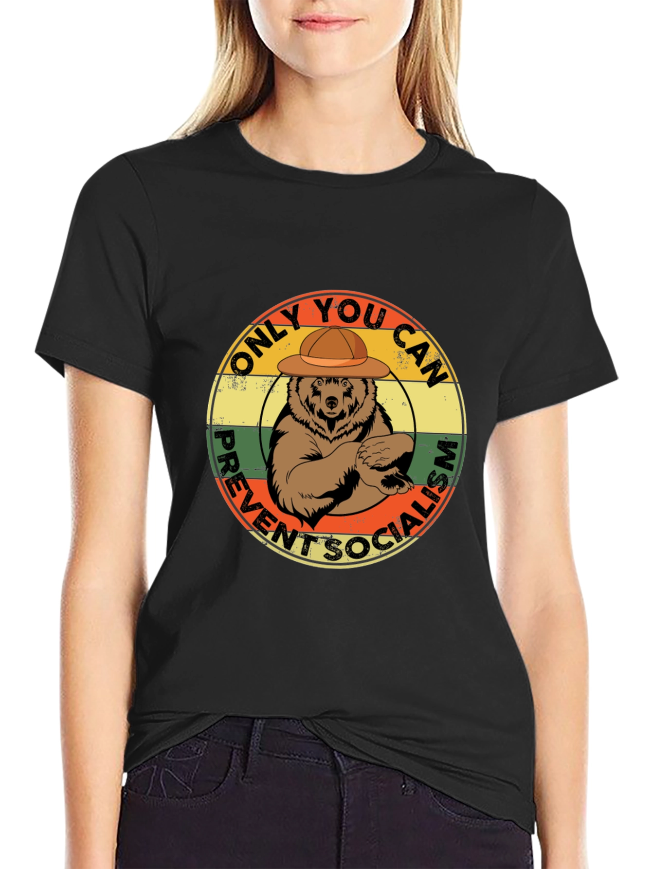 Black Smokey Bear Prevent Socialism T-Shirt view 2