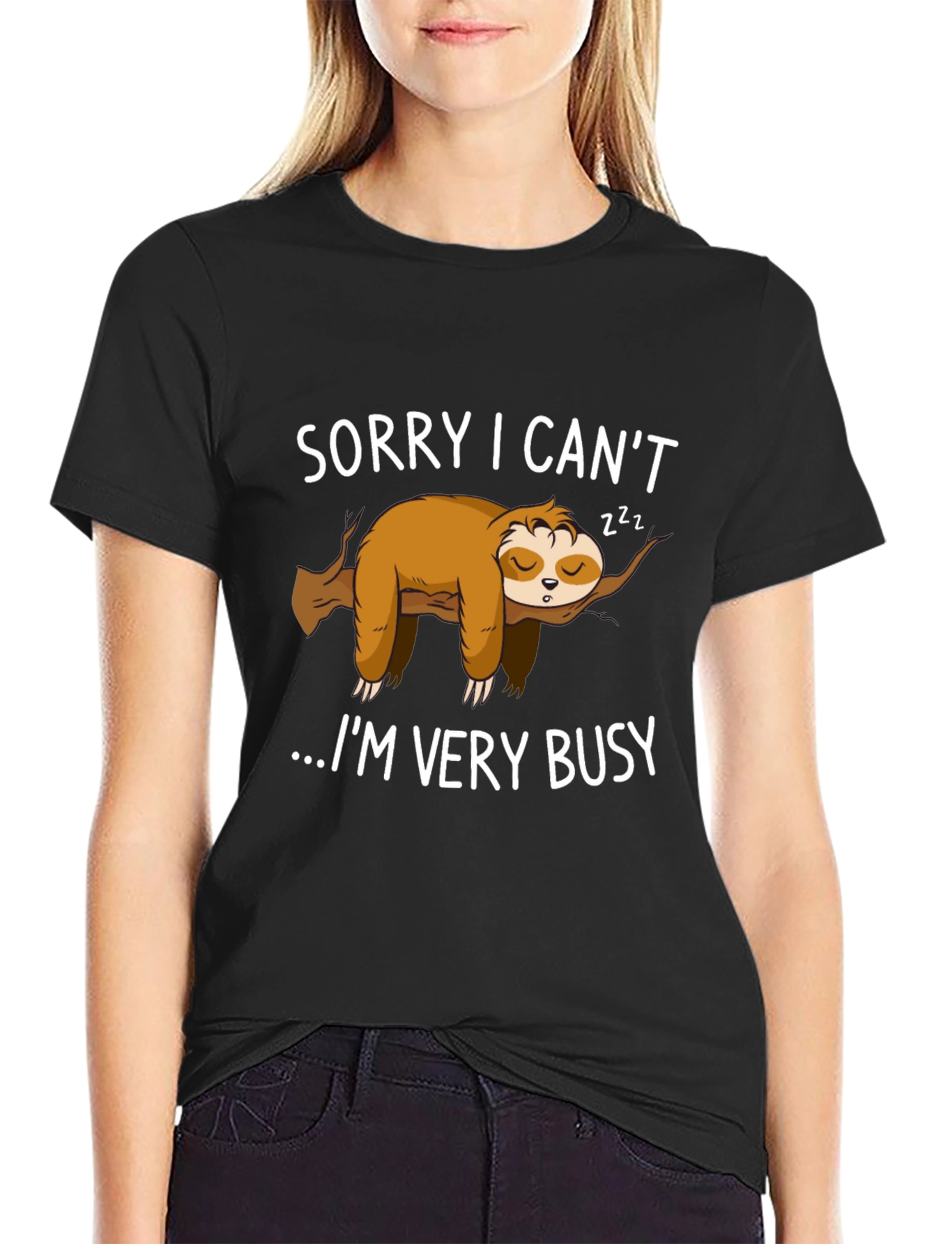 Black Lazy Sloth Graphic T-Shirt - Sorry I Can't... view 2