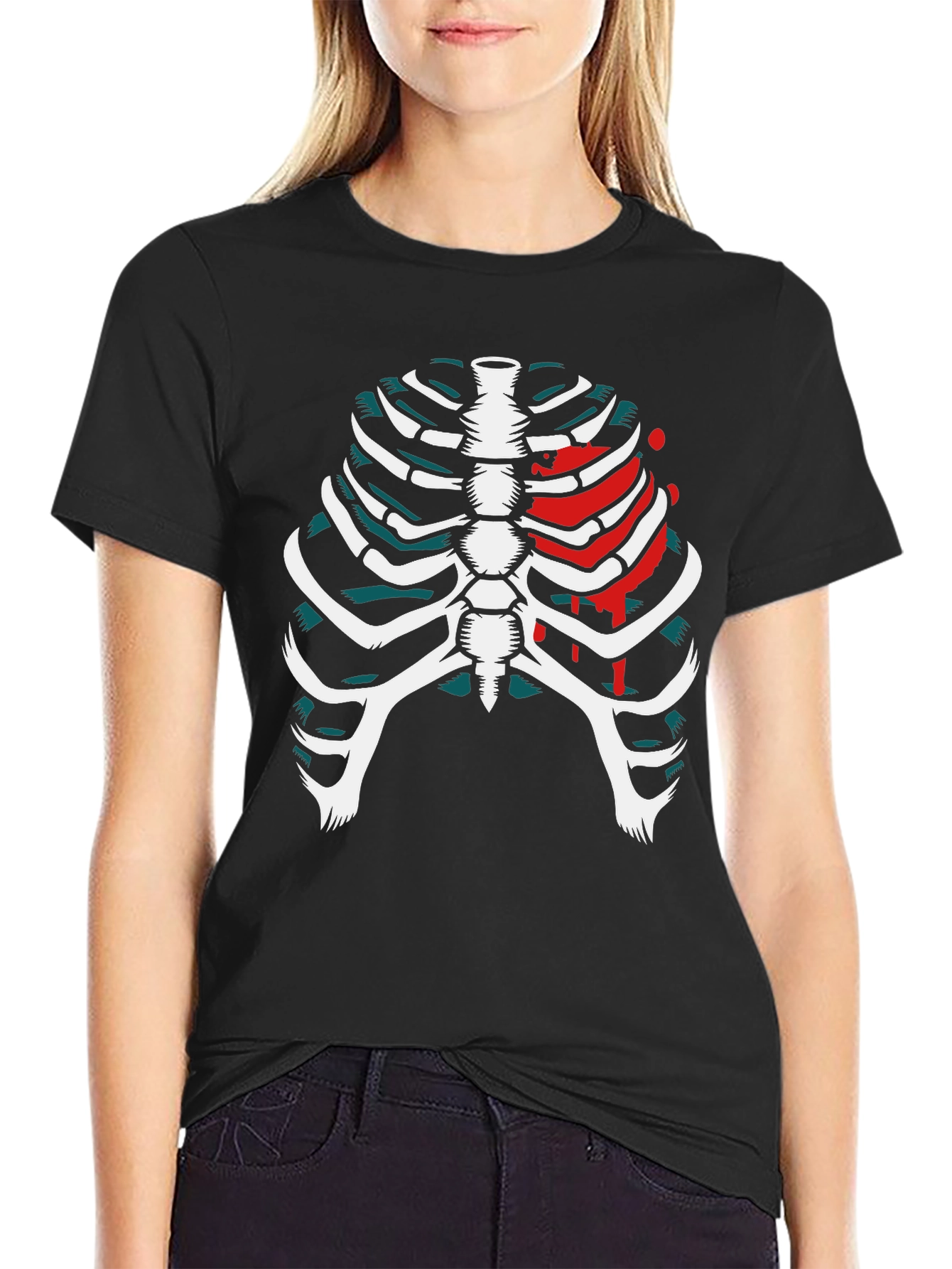 Black Skeleton Rib Cage Graphic T-Shirt view 2