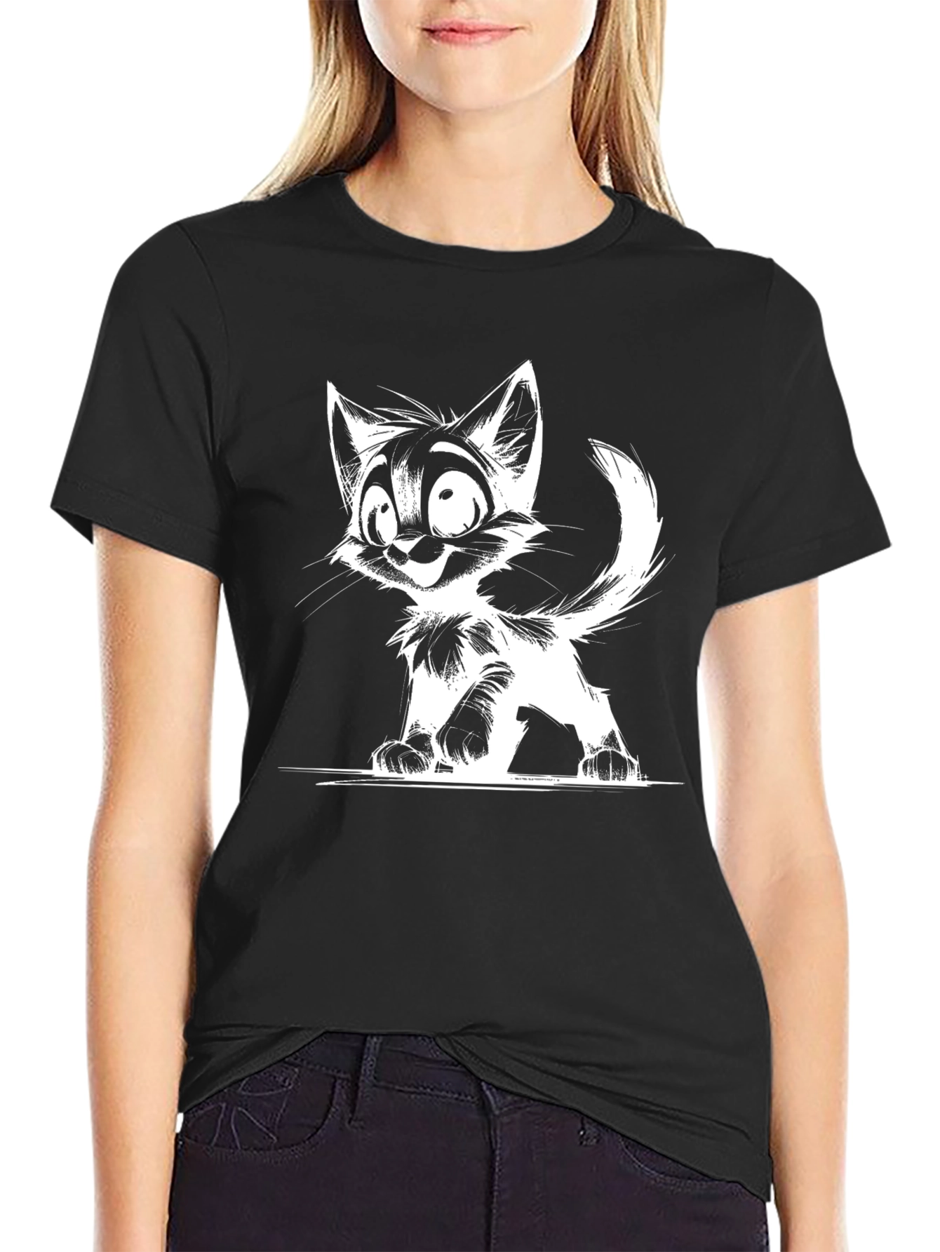 Black Cartoon Cat Graphic T-Shirt - Black view 2