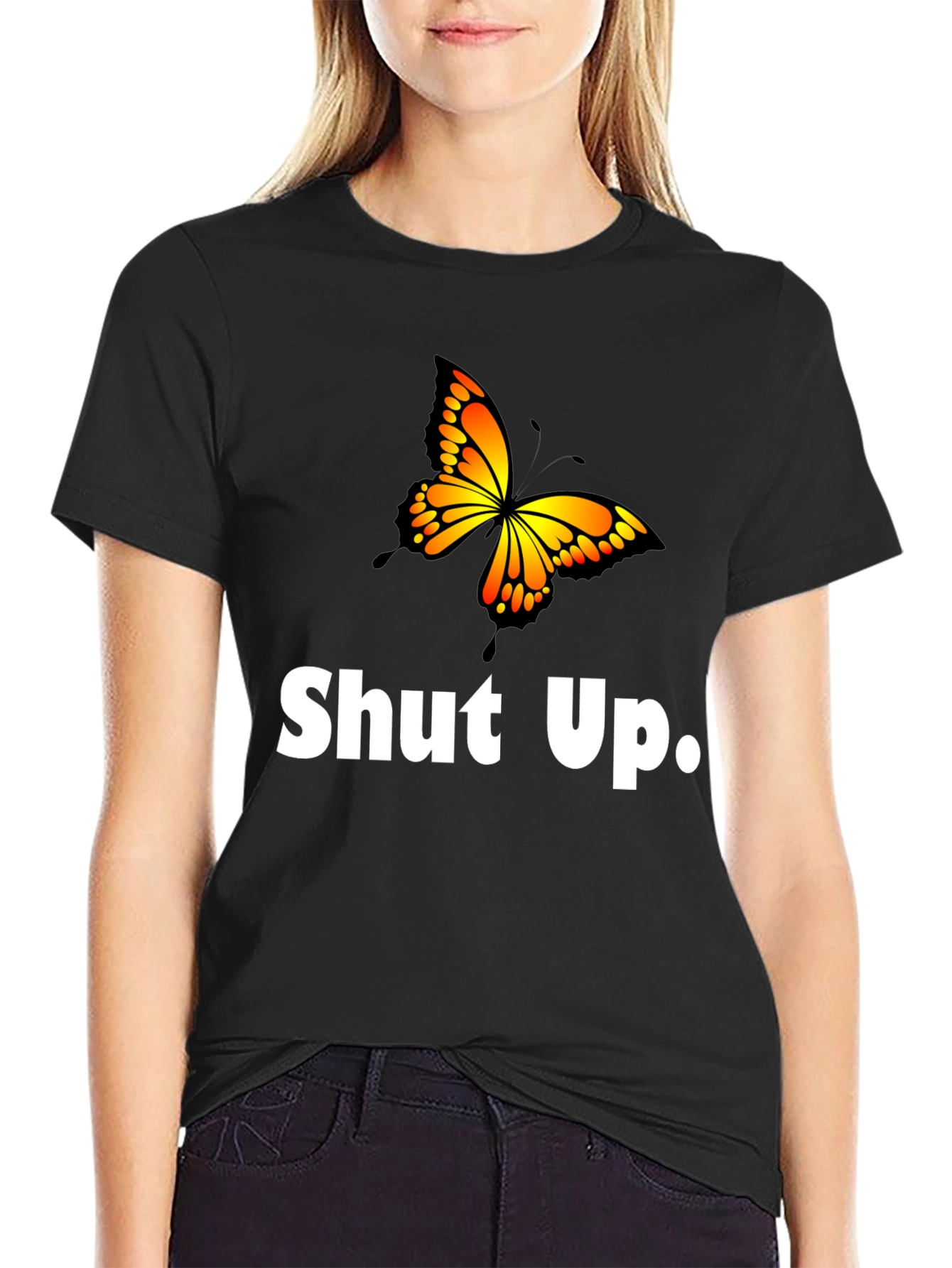 Black Shut Up Butterfly Graphic T-Shirt view 2