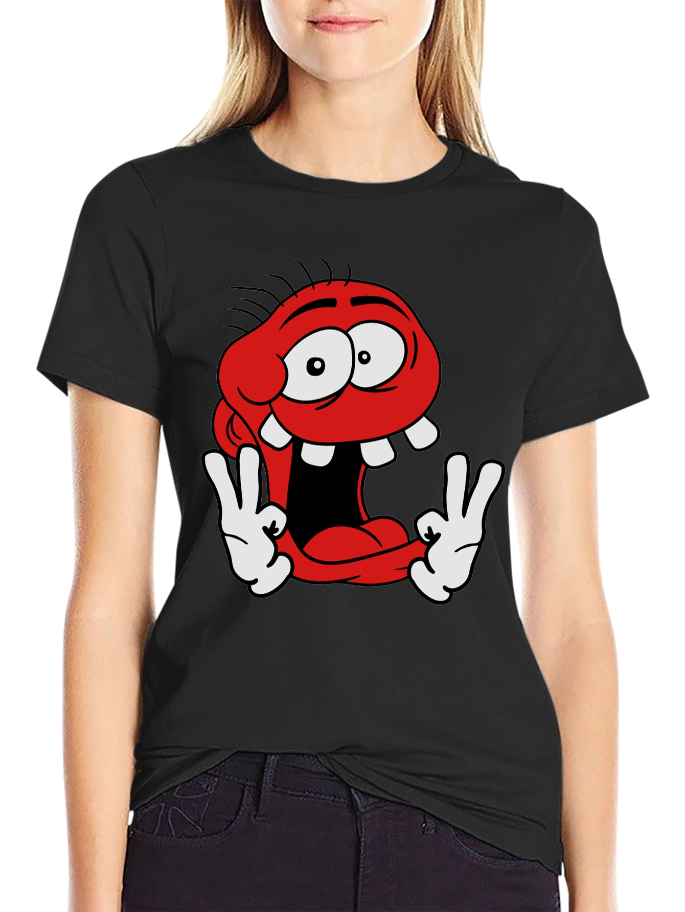 Black Funny Cartoon Character Graphic Tee view 2