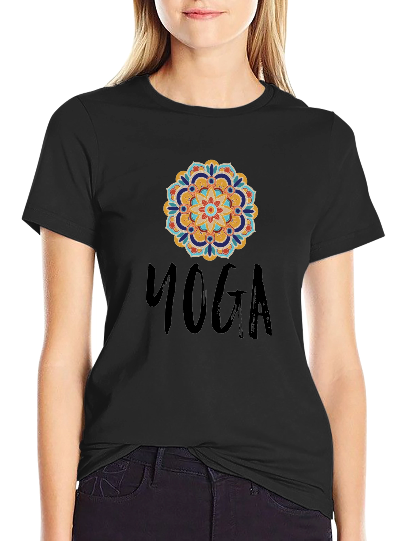 Black Yoga Mandala Graphic Black T-Shirt view 2