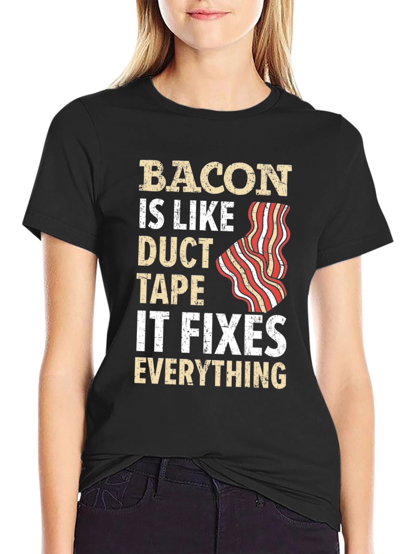 Black Bacon Duct Tape Fixes All Funny T-Shirt view 2