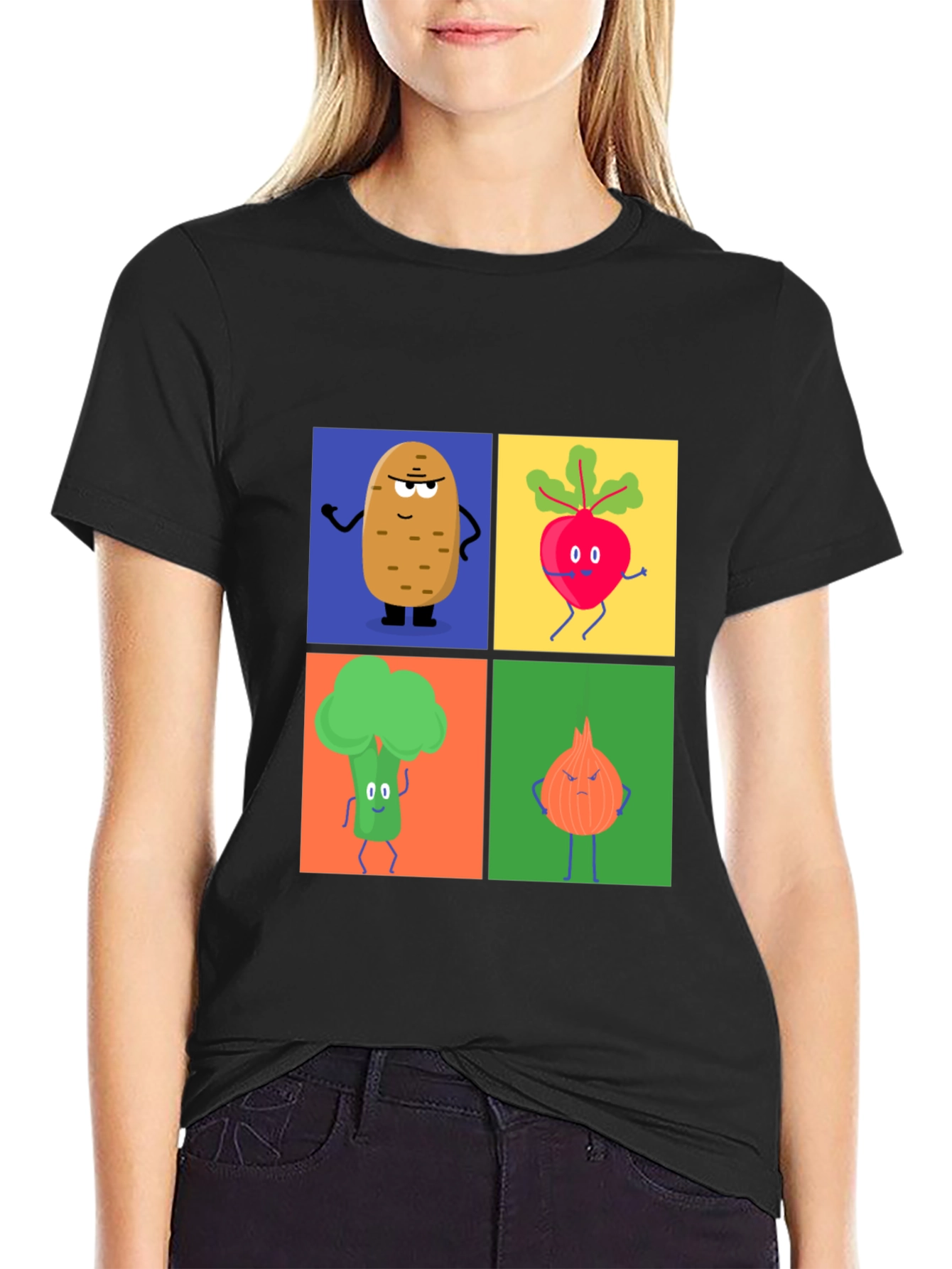 Black Veggie Cartoon T-Shirt: Potato, Beet, Broccoli, Onion view 2