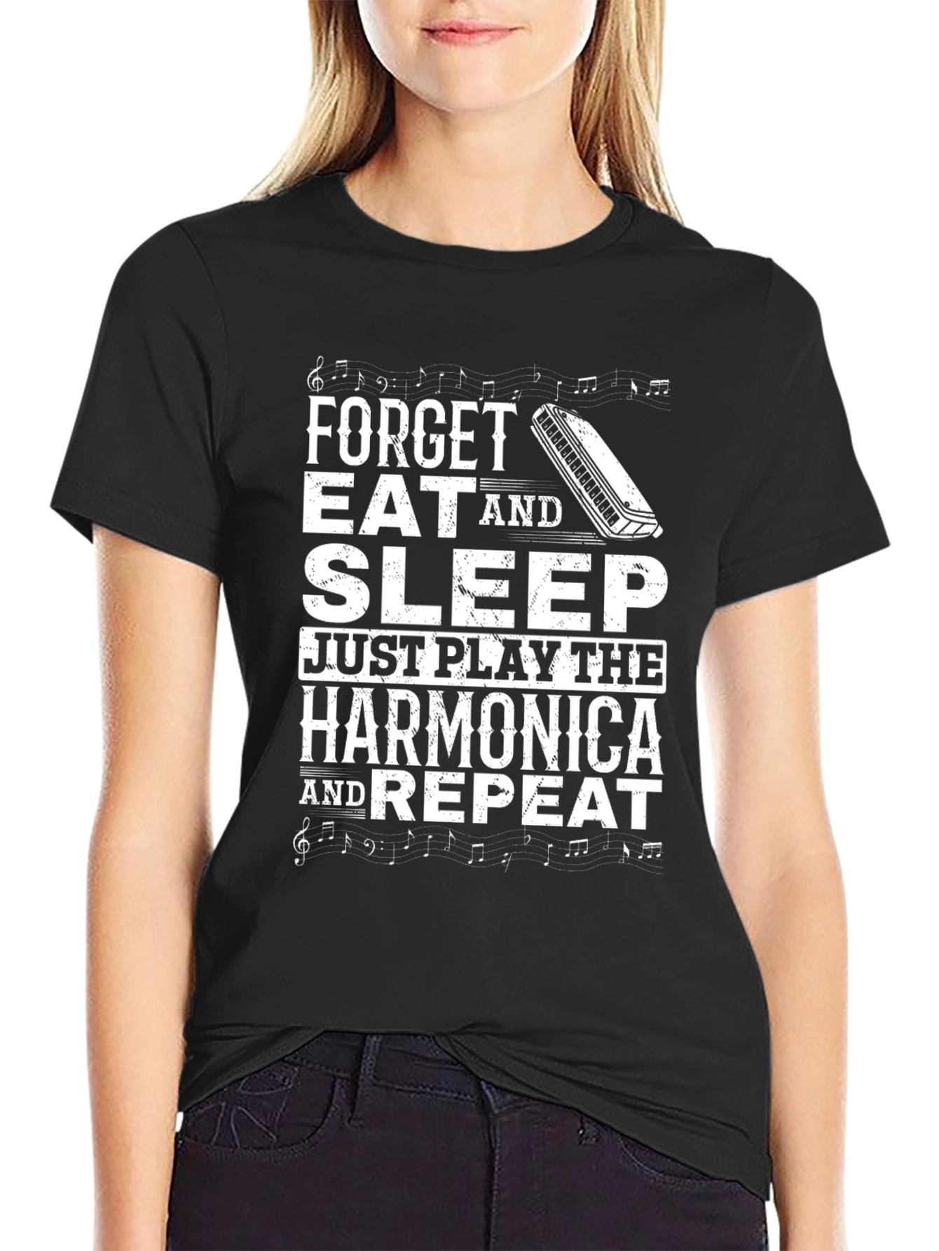 Black Harmonica Player T-Shirt: Forget, Eat, Sleep, Play, Repeat view 2