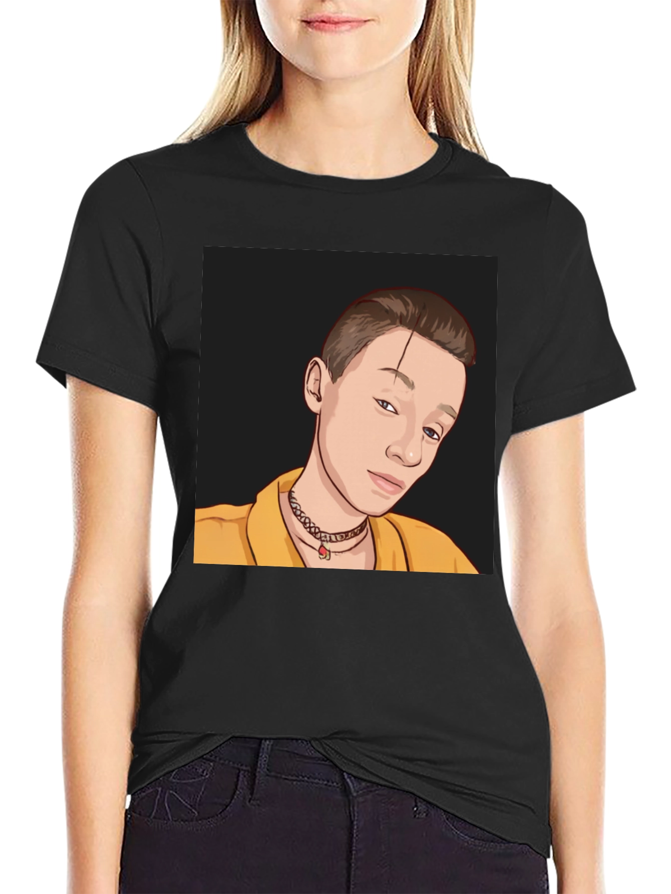 Black Graphic Tee: Cartoon Portrait T-Shirt view 2
