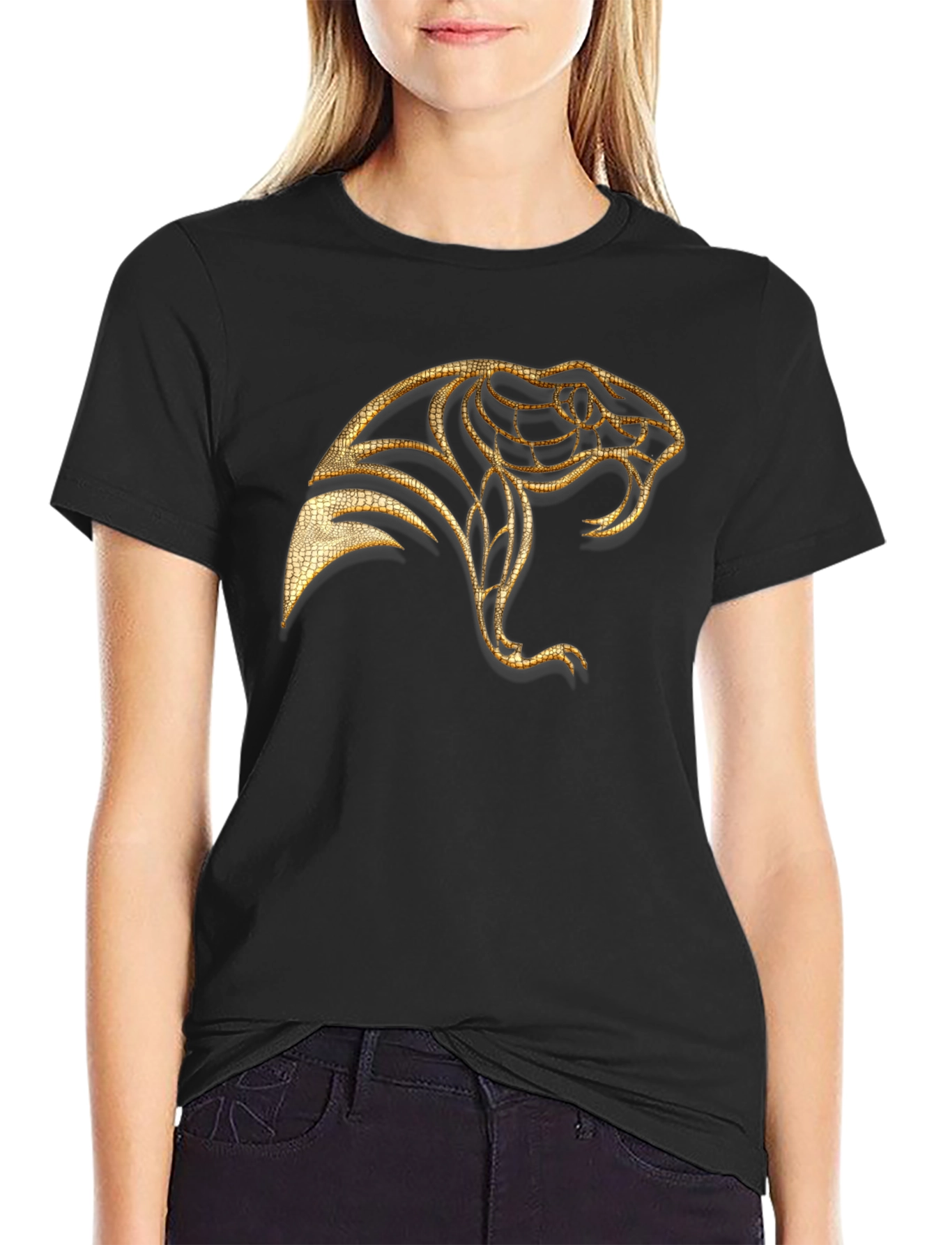 Black Men's Black T-Shirt with Golden Snake Design view 2