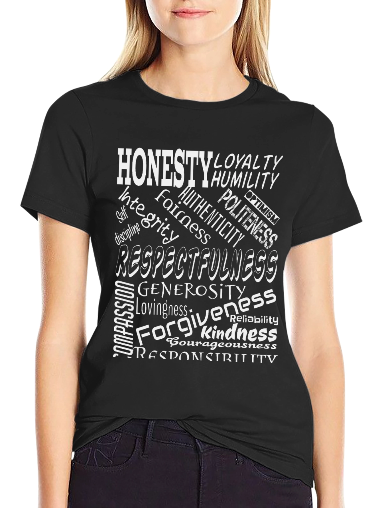 Black Virtue Word Cloud T-Shirt - Honesty, Kindness, Respect view 2