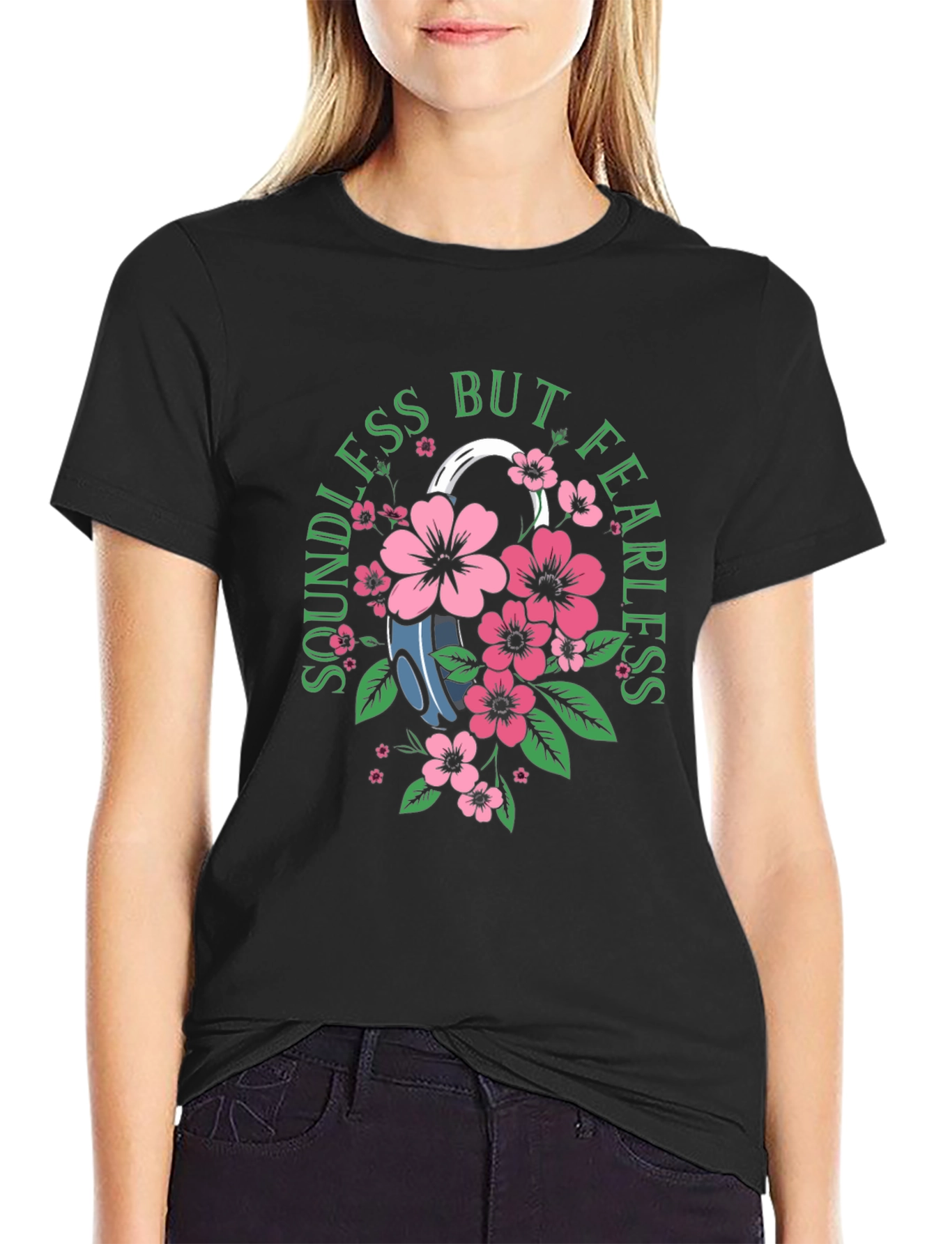 Black Soundless But Fearless Floral Graphic Tee - Black view 2