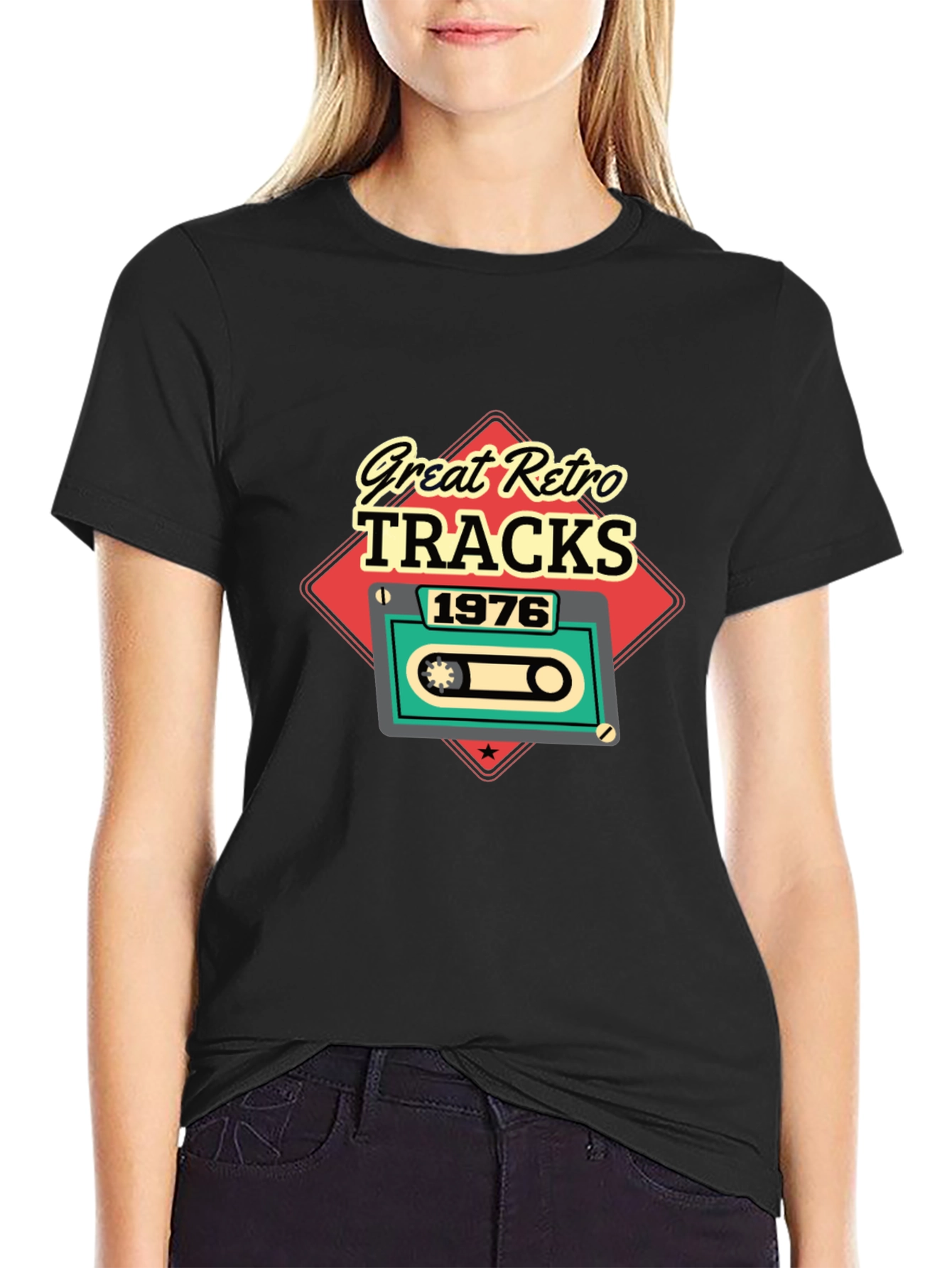 Black Great Retro Tracks 1976 Graphic T-Shirt view 2