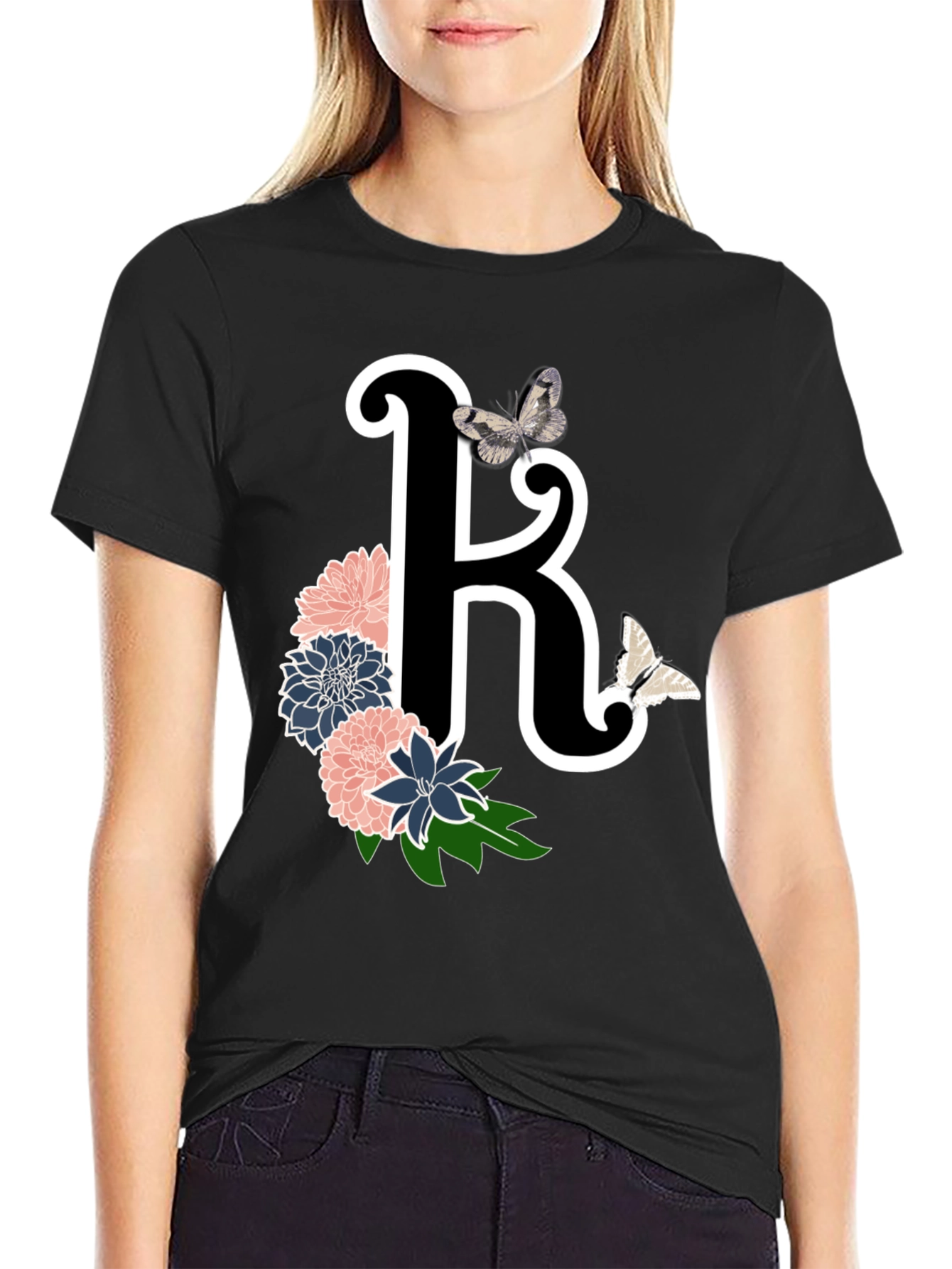 Black Floral Letter K Black T-Shirt view 2