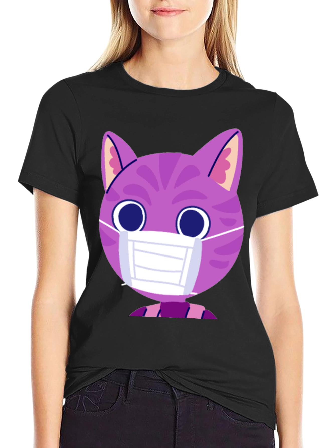 Black Cute Cat in Mask Graphic Tee - Unisex Black T-Shirt view 2