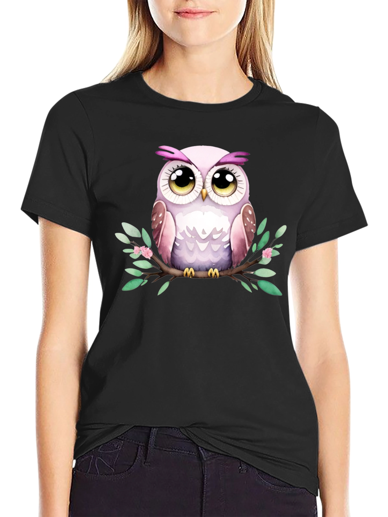Black Cute Owl Graphic Tee - Black Cotton Blend view 2
