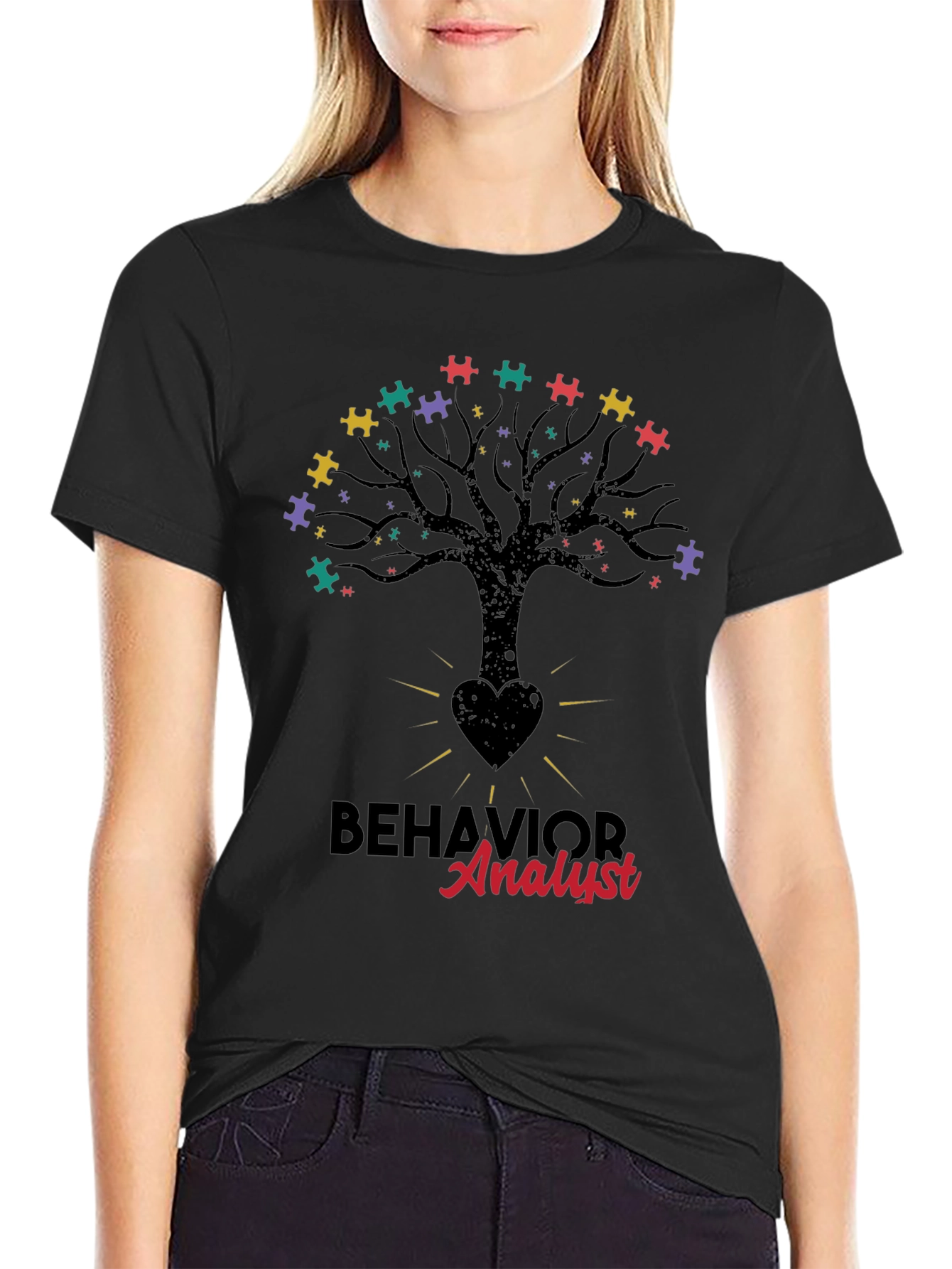 Black Behavior Analyst Tree Puzzle T-Shirt view 2