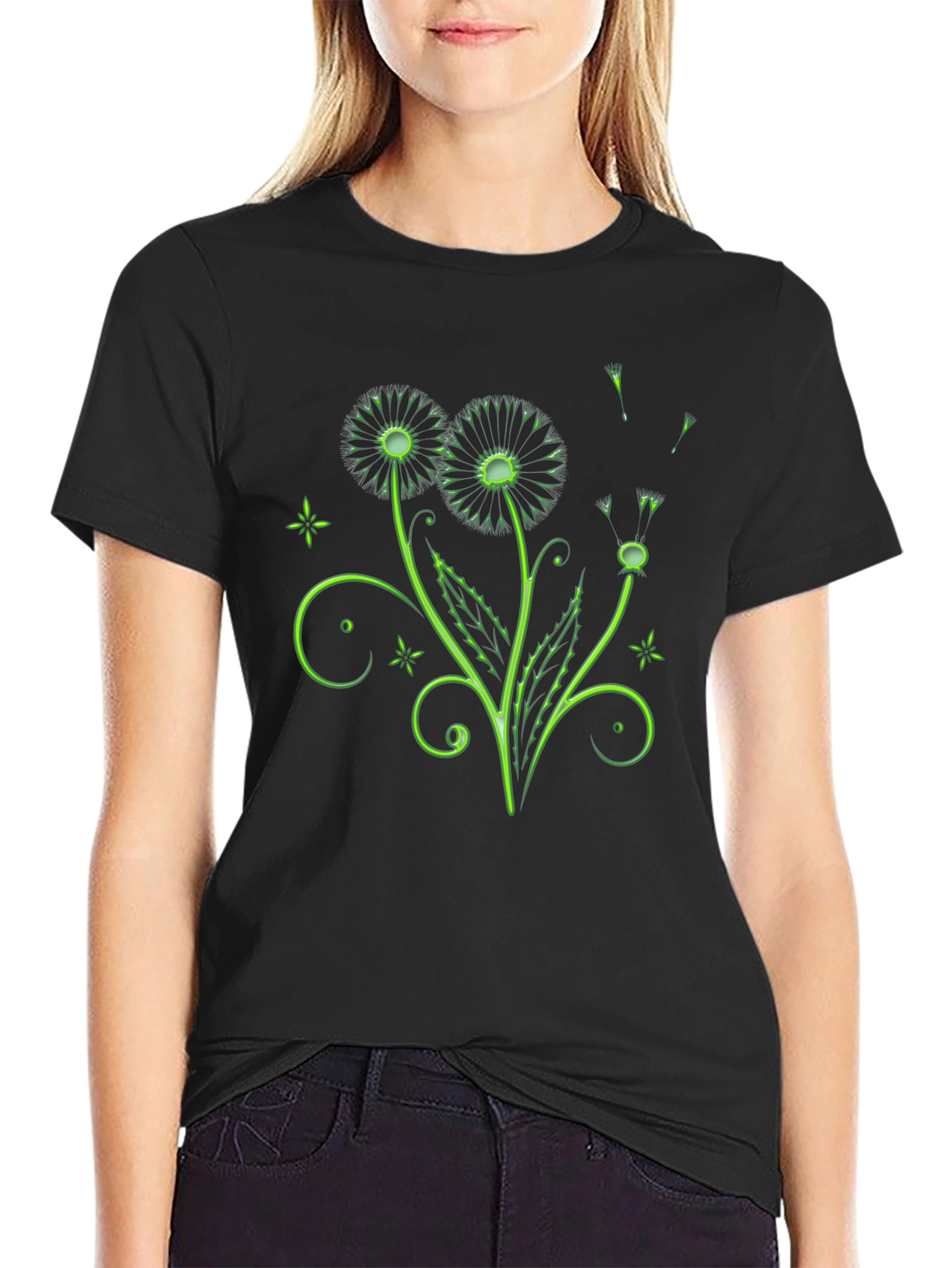 Black Neon Dandelion Graphic Black T-Shirt view 2